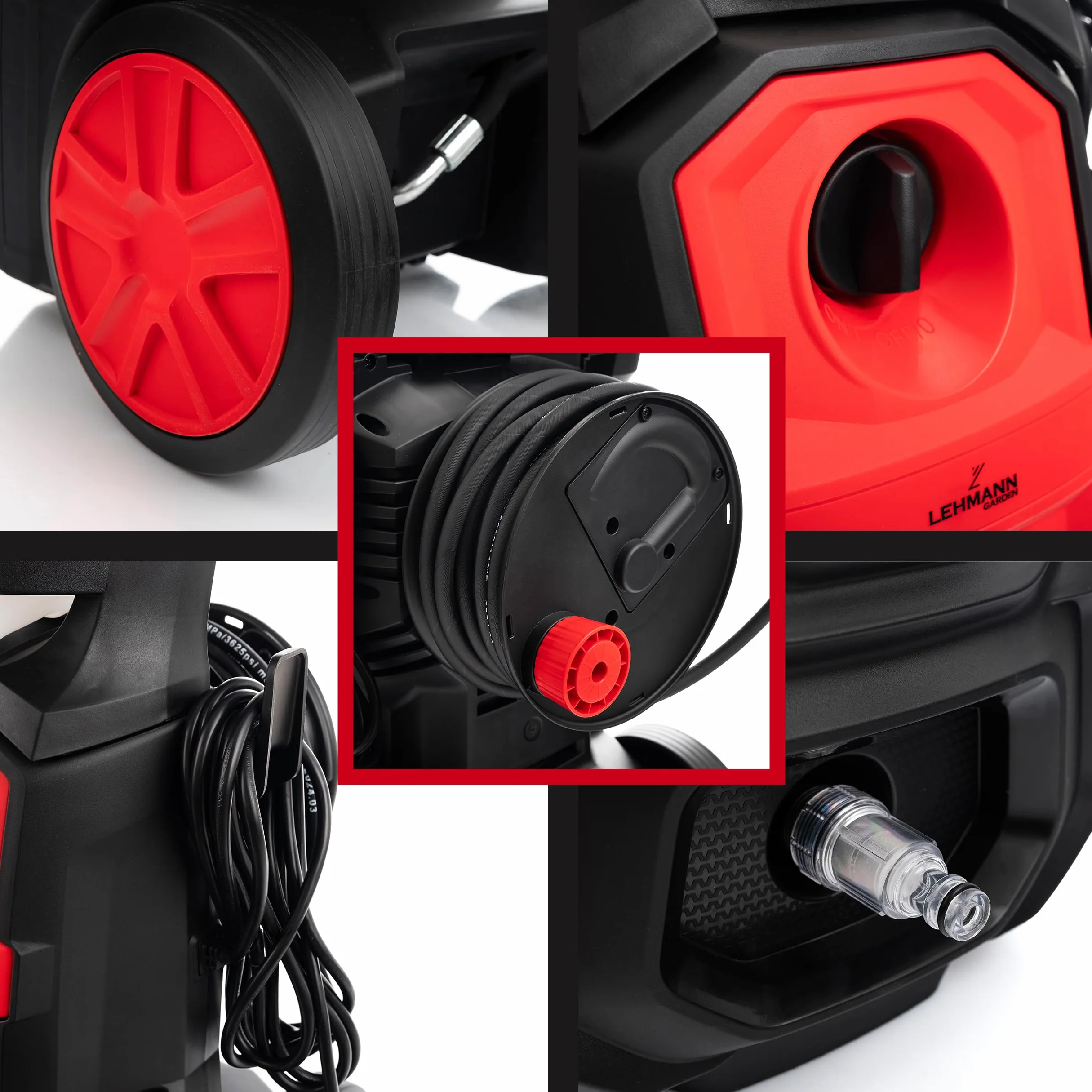 LEHMANN Austin Nettoyeur Haute Pression, 1800 W, Max. 220 Bar, Débit 450 l/h, Pompe en Aluminium, Rayon d'action 10 m, Enrouleur câble, Buse Réglable & Turbo, Canon à Mousse, Noir/Rouge