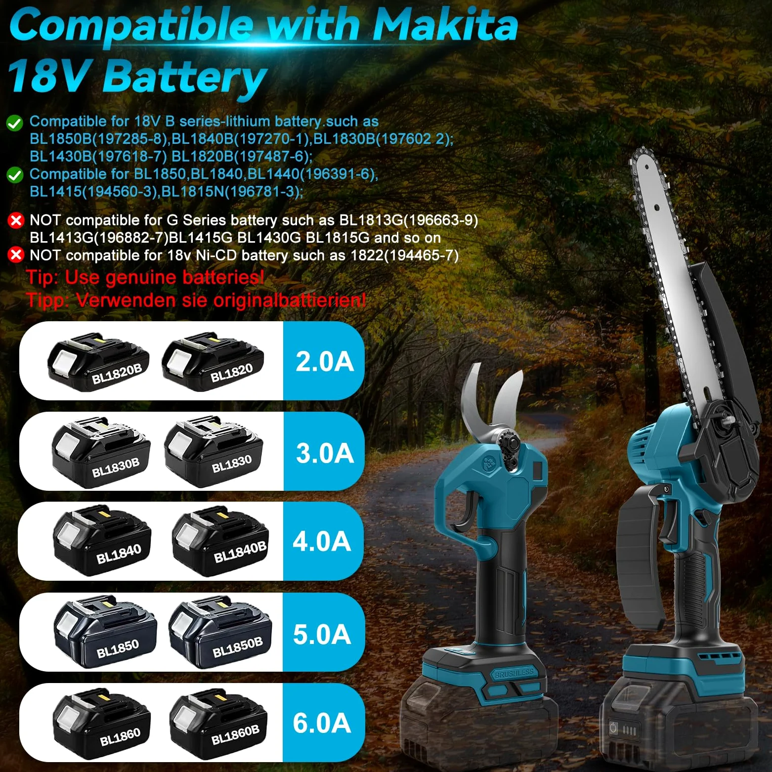 Scie à chaîne miniature de 8 pouces avec perche télescopique & élagueuse électrique 28 mm, set de jardin 4-en-1 compatible avec batterie Makita, portée maximale jusqu'à 4m (batterie non incluse)