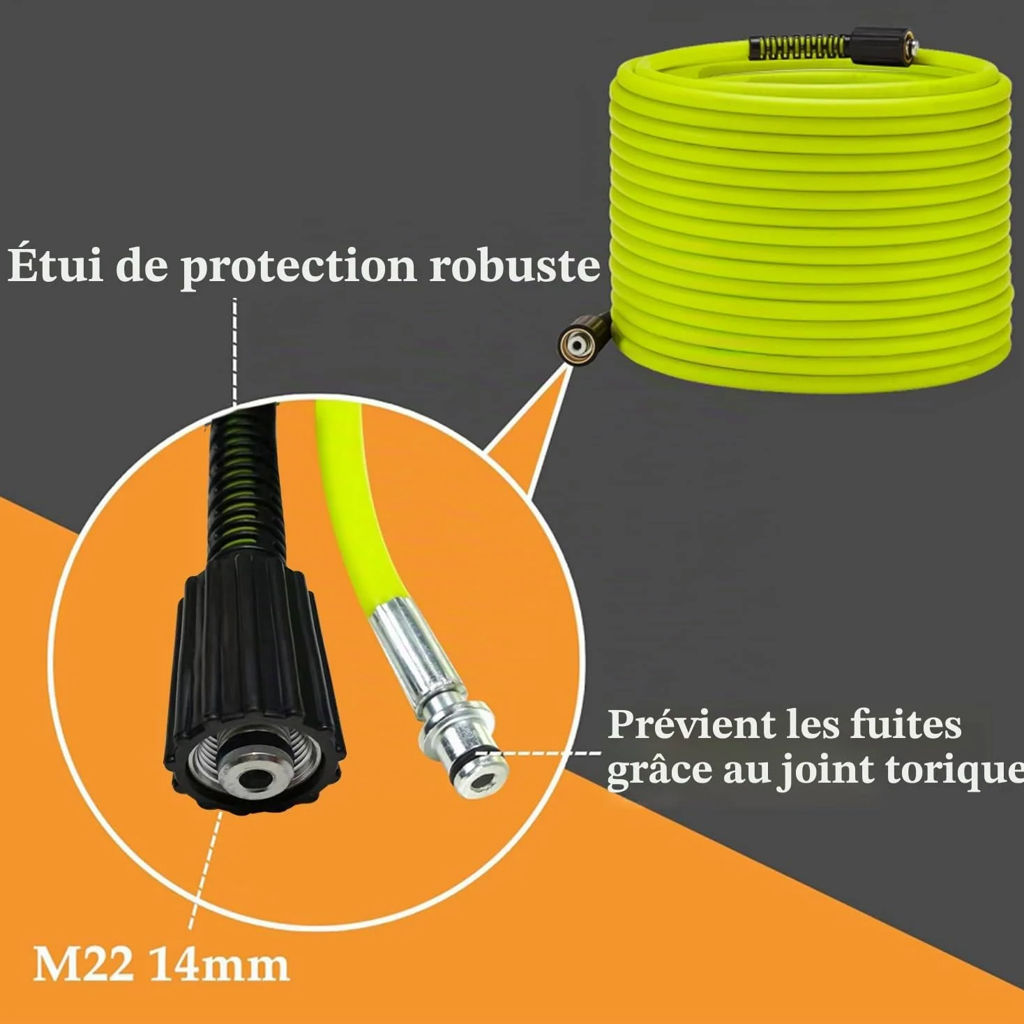 Tuyau pour Nettoyeur Haute Pression,15 m x 0.6 cm,avec 5 pièces Raccord Rapide,Tuyau Haute Pression avec Raccords M22 de 14 mm – 3600 PSI