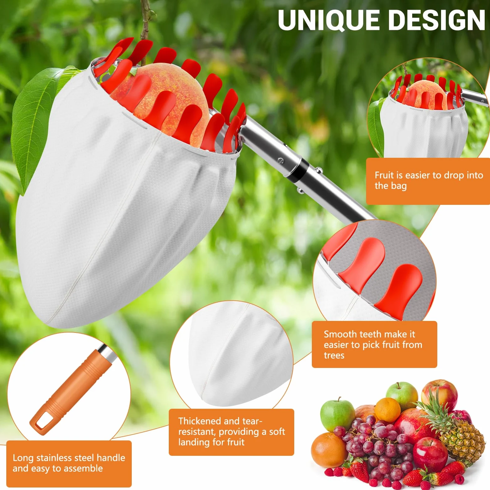 4,2 m Cueilleuse à fruits pour pommes et cerises avec manche télescopique Ø 16 cm | Cueilleuse à fruits sûre et confortable pour cerises, pommes, pêches, prunes avec sac en filet à fruits et sac de rangement