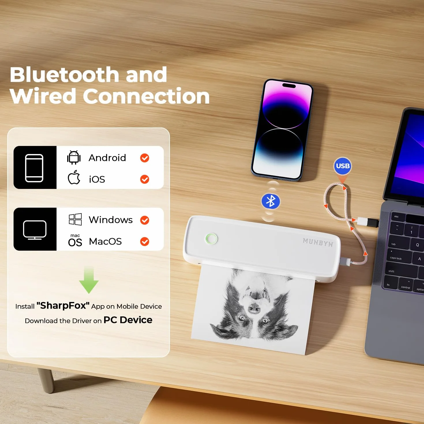 MUNBYN ITP04 Imprimante Thermique A4 Portable Bluetooth sans Encre, Compatible Android iOS, Blanc