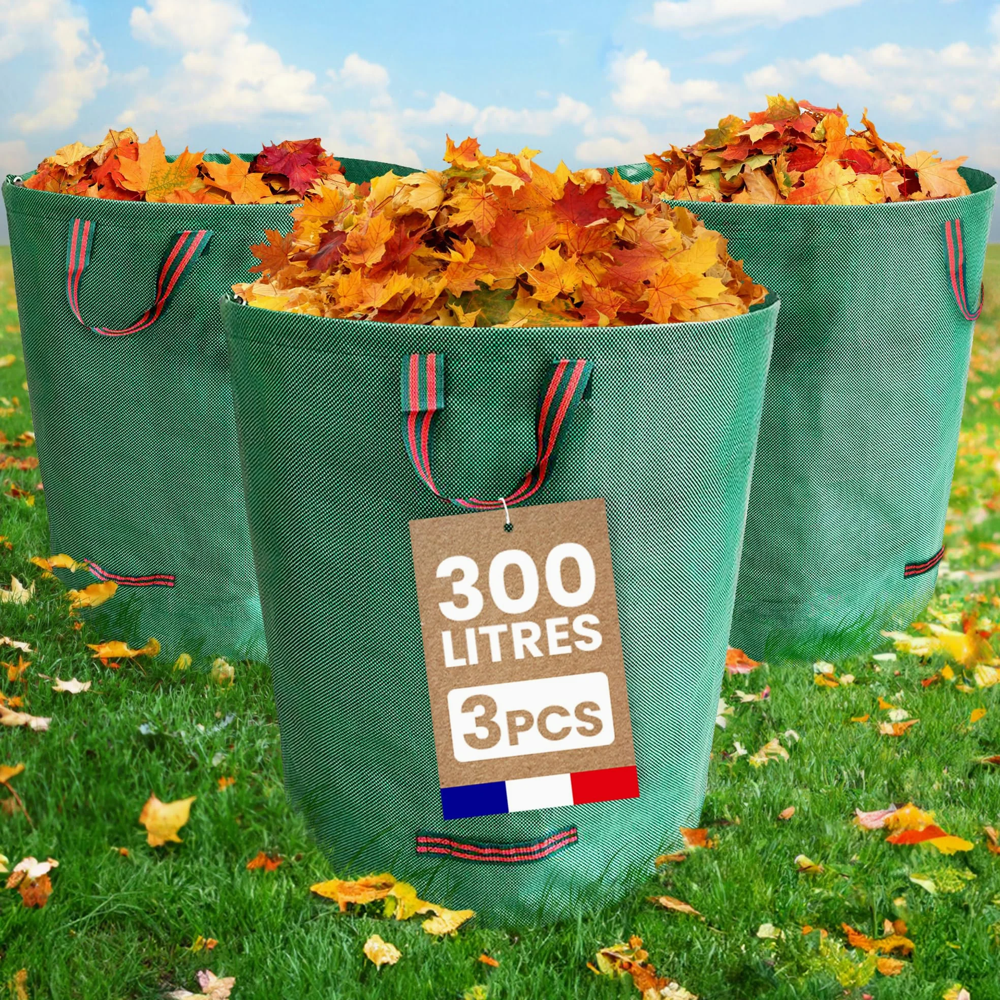 SKYLANTERN Lot de 3 * 300L Sacs de Déchets Jardin Résistants en Polypropylène – Sacs Poubelle Extérieurs avec 3 Poignées Renforcées pour Déchets Végétaux – Utile pour Déchets et Recyclage