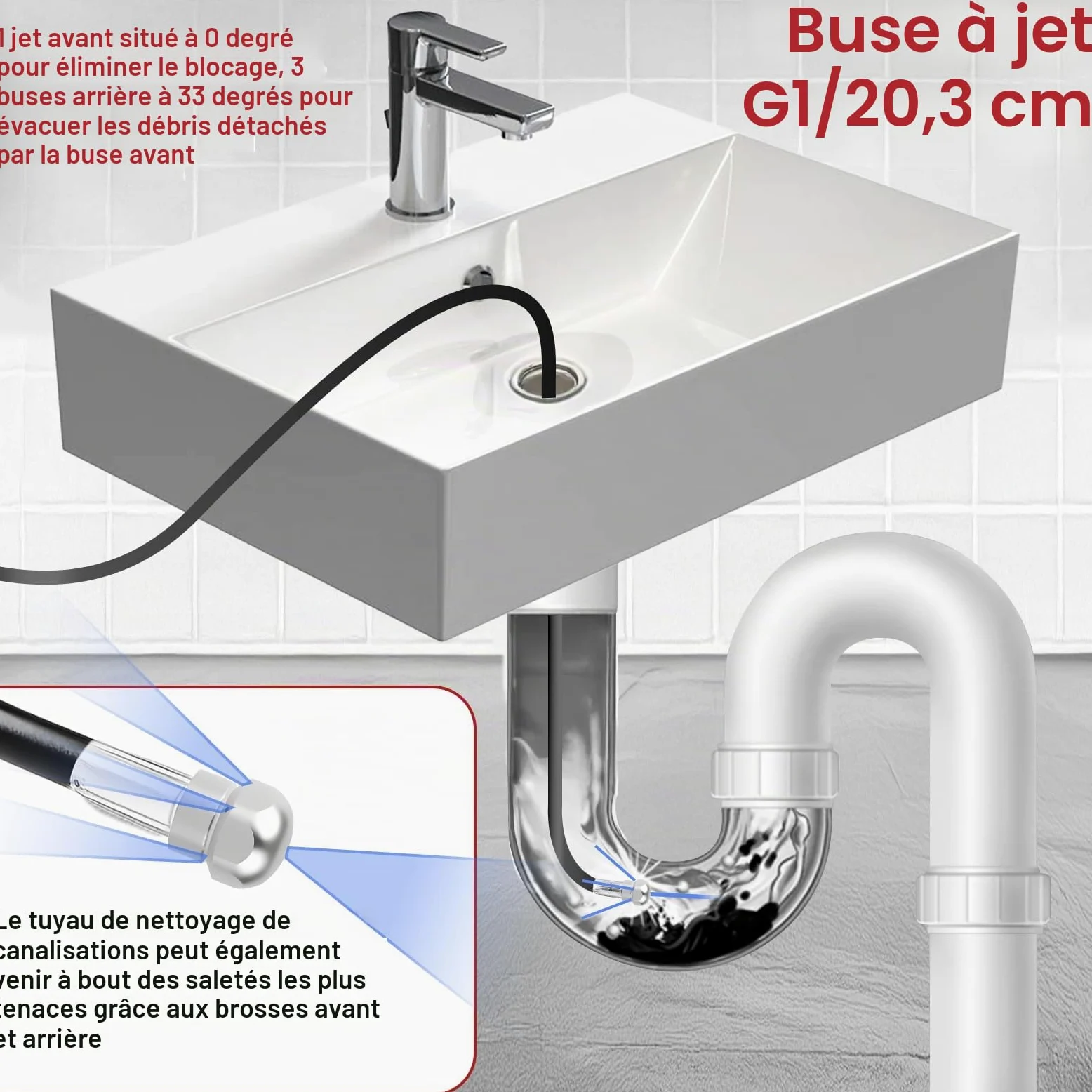 Tuyau de débouchage 15 m pour canalisation avec 3 adaptateurs et 2 buses | Flexible haute pression pour Karcher et Lavor, nettoyeur anti-bouchon, adapté aux canalisations, conduits et évacuations
