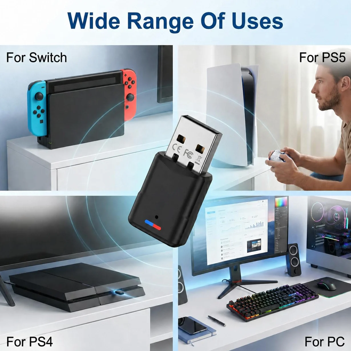 Adaptateur Bluetooth 5.3 USB pour PS5 PS4 Switch PC, Dongle Audio Faible Latence, Clé Bluetooth Plug & Play (Noir)