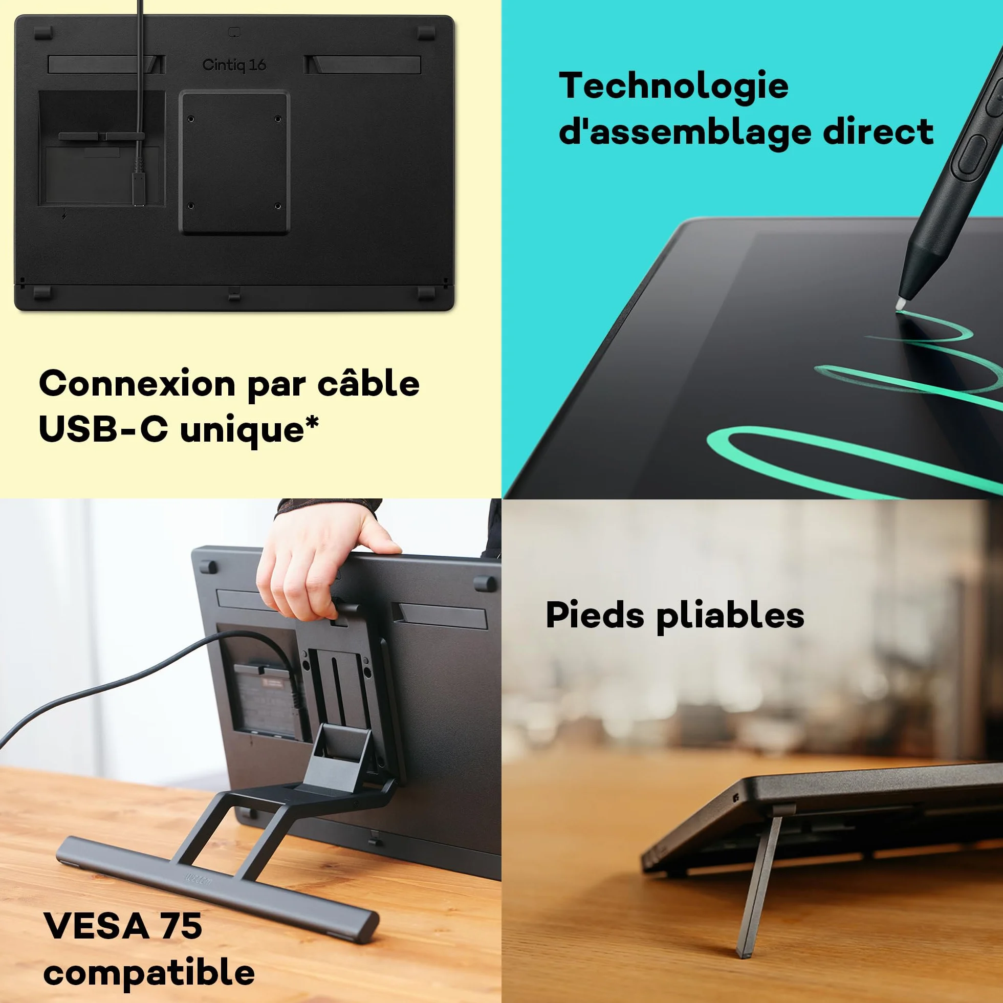 Wacom Cintiq 16 (Édition 2025) Tablette Graphique Écran Stylet 2.5K Wacom Pro Pen 3 Verre Anti-Reflets Support Pliable USB-C