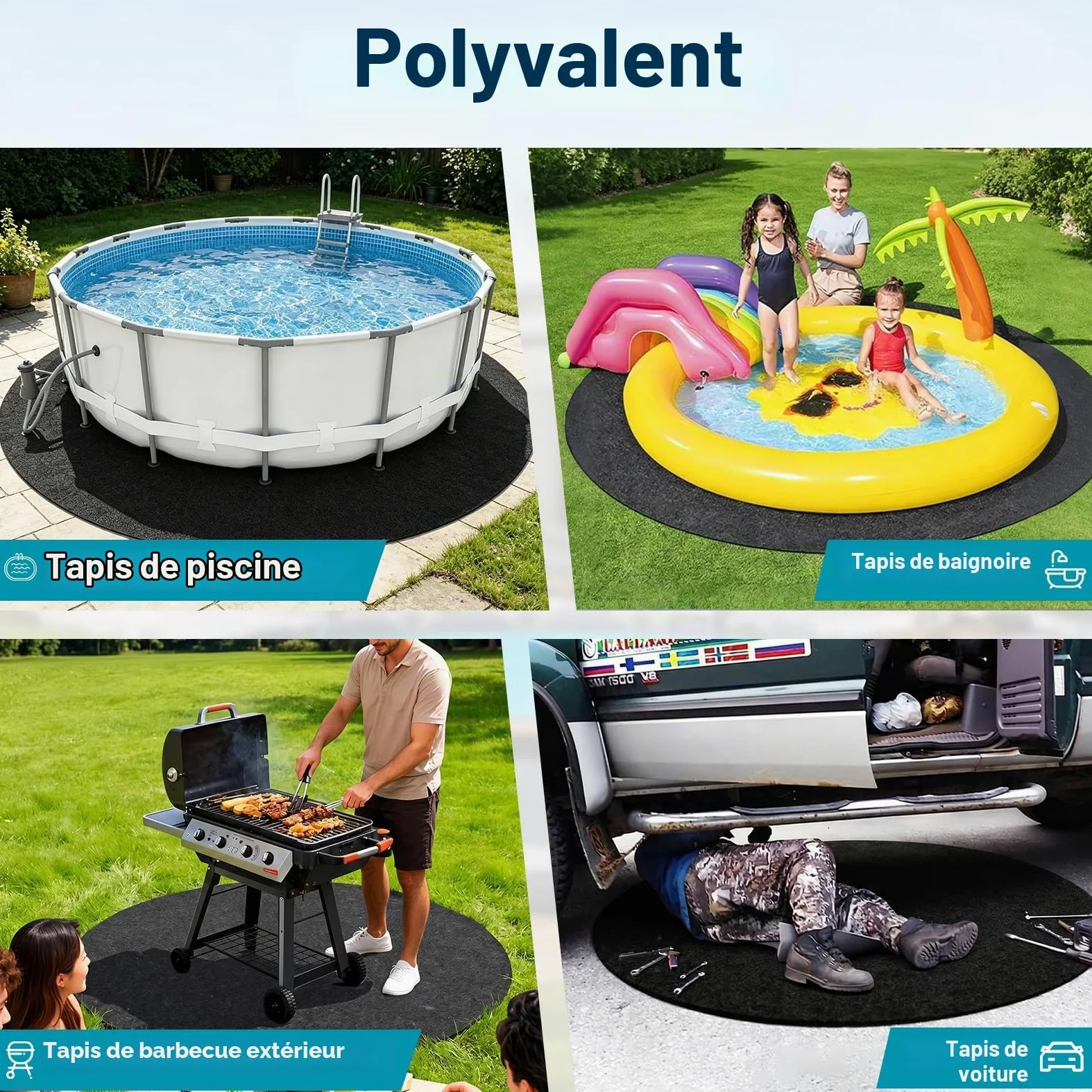 Tapis Piscine Hors Sol Rond 200cm, Tapis de Sol Piscine, Antidérapant, et Résistant aux Déchirures, Adapté aux Piscines Extérieures et aux Baignoires, Prolongeant La Durée de Vie de La Piscine