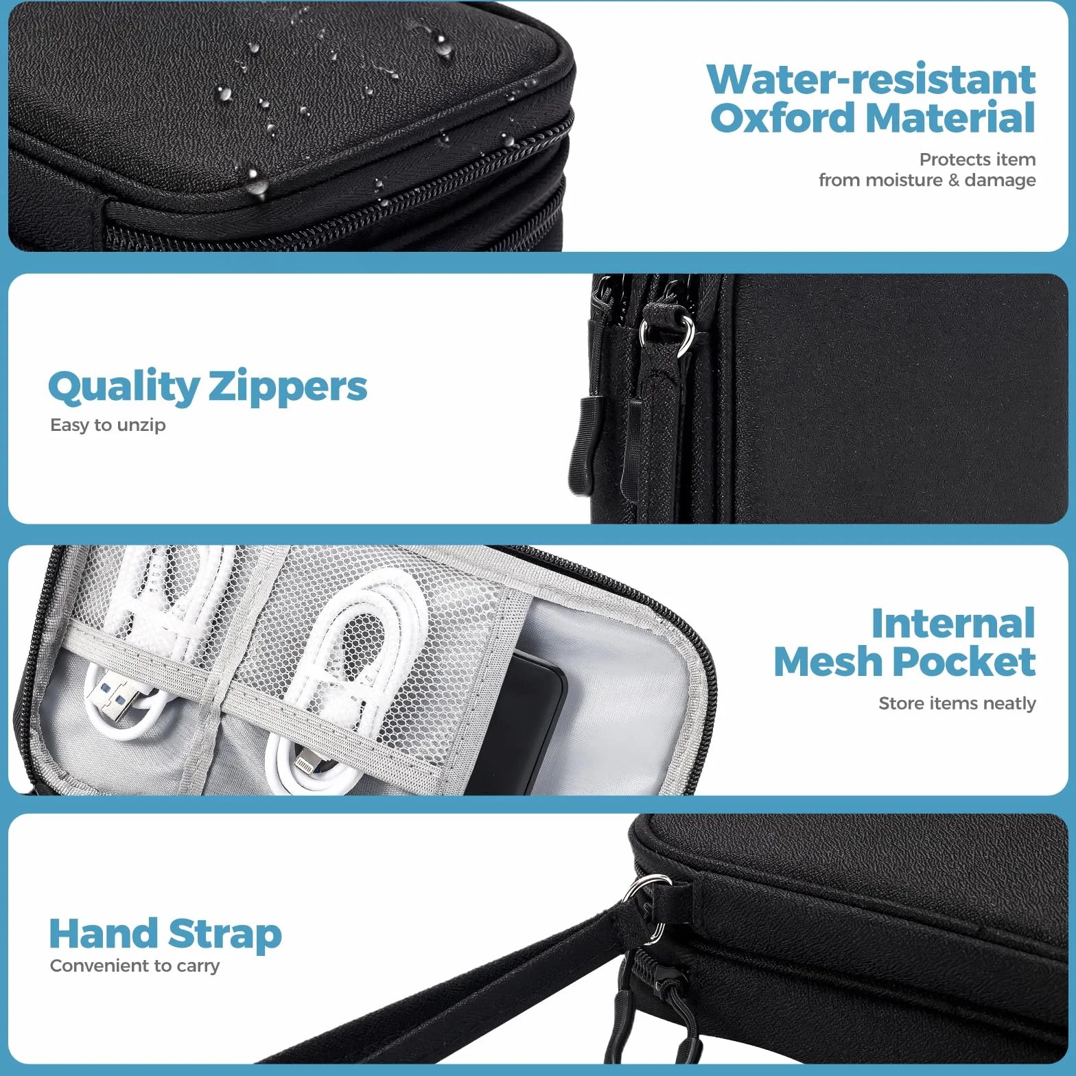 ProCase Pochette pour Chargeur et Câbles, Sac de Voyage Électronique Rigide, Trousse Organisateur pour Téléphone, Boîte Rangement pour Clé USB, Disque Dur Externe – Noir