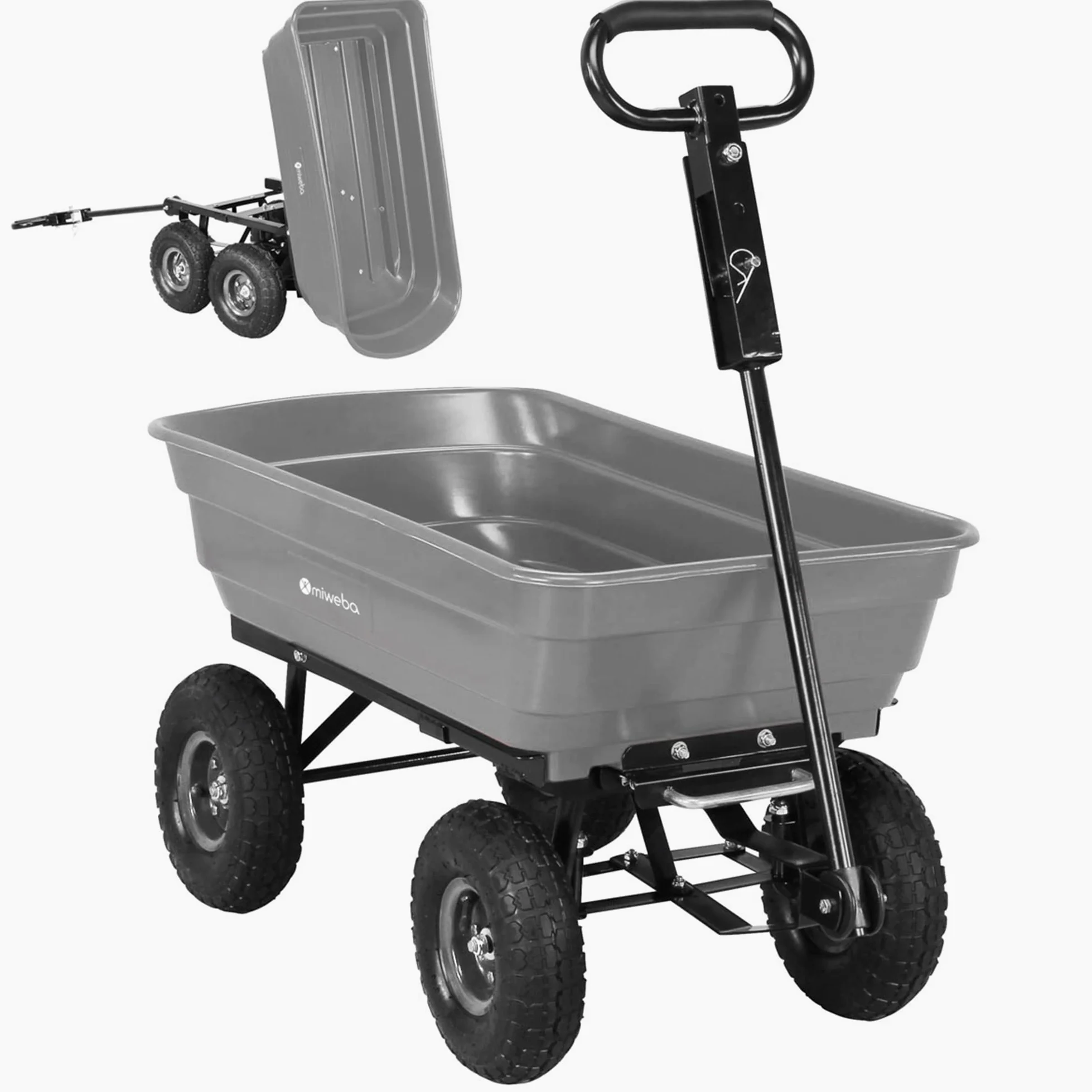 Miweba Chariot de Transport Dumper | Capacité 300 kg - Bac en PP - Basculement - Chariot à Main - Attelage - Essieu Directeur - Pneus gonflables - Brouette - Chariot de Jardin (Gris) | Fonction basculante - Volume 75 l - Diable - Brouette - Chariot de tra