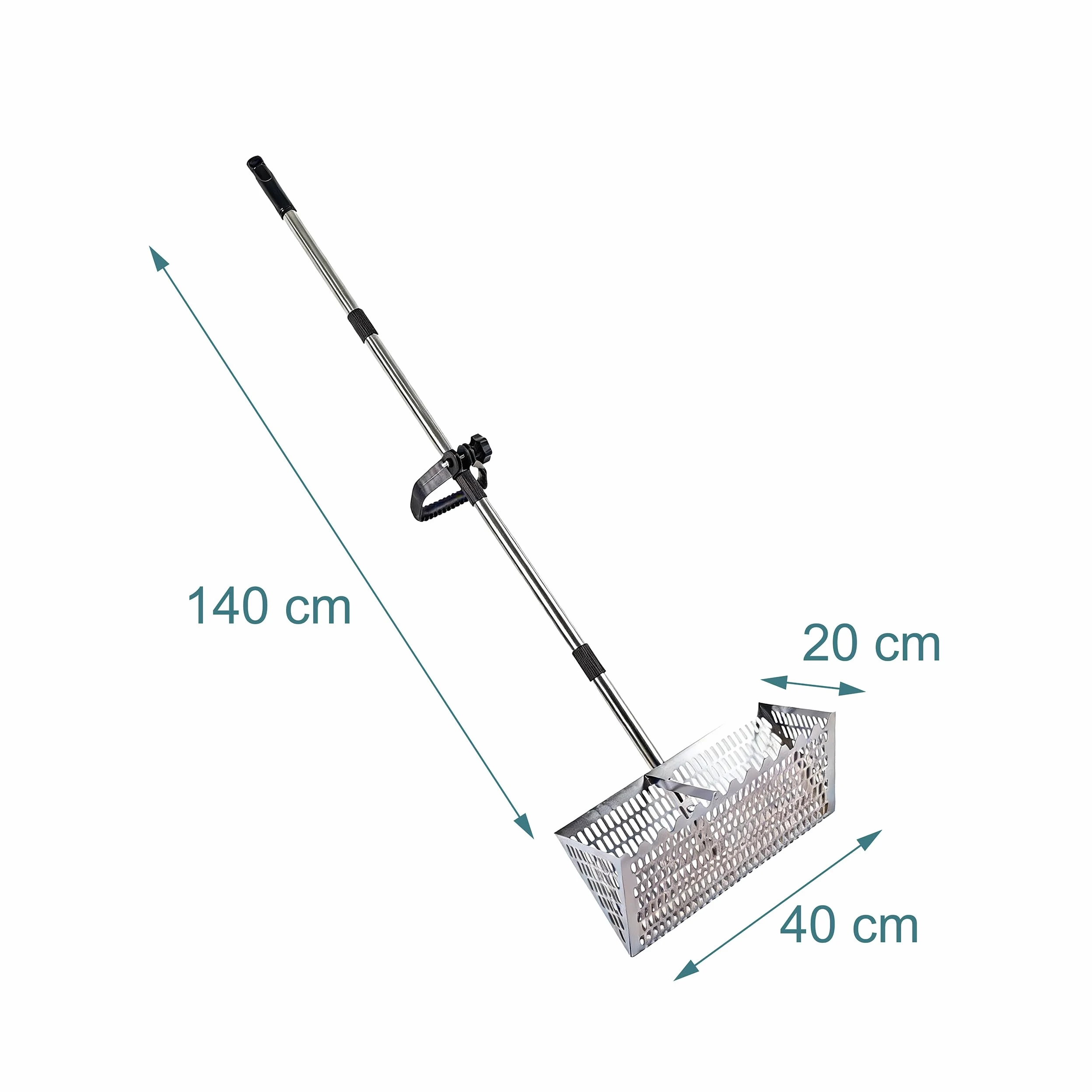 Râteau Plage Relaxdays, Tamis 40 cm, Manche 140 cm, Chasse au trésor/détecteur de métaux & pêche, INOX argenté