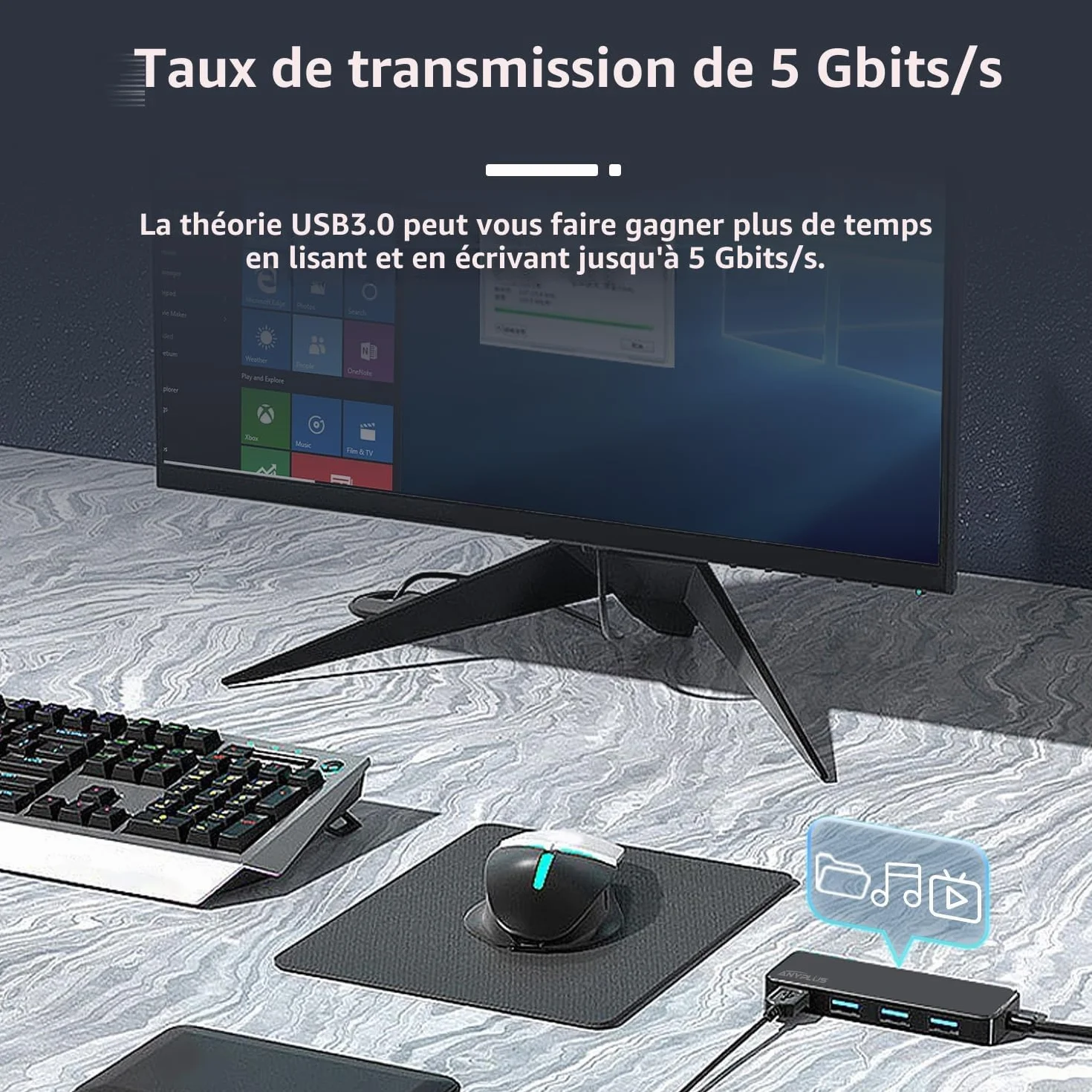 Hub USB 3.0 4 Ports Multiprise 5 Gbps Adaptateur pour Bureau Ordinateur Portable