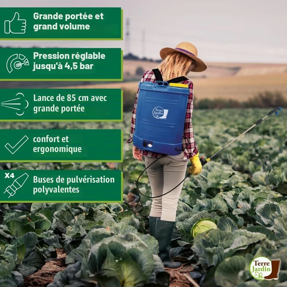 TERRE JARDIN Pulvérisateur Électrique Rechargeable 16L Reconditionné - Pulvérisateur de Jardin Dorsal à Batterie 12V avec Lance Télescopique et 4 Buses - Occasion très Bon état