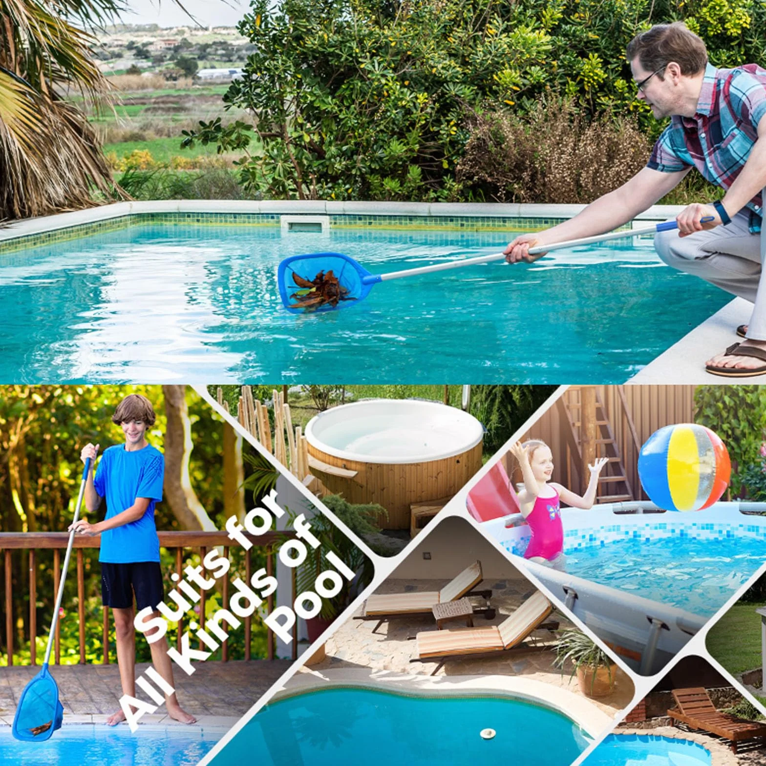 Filet de piscine avec manche télescopique détachable, mailles fines, épuisette à main, 146 cm