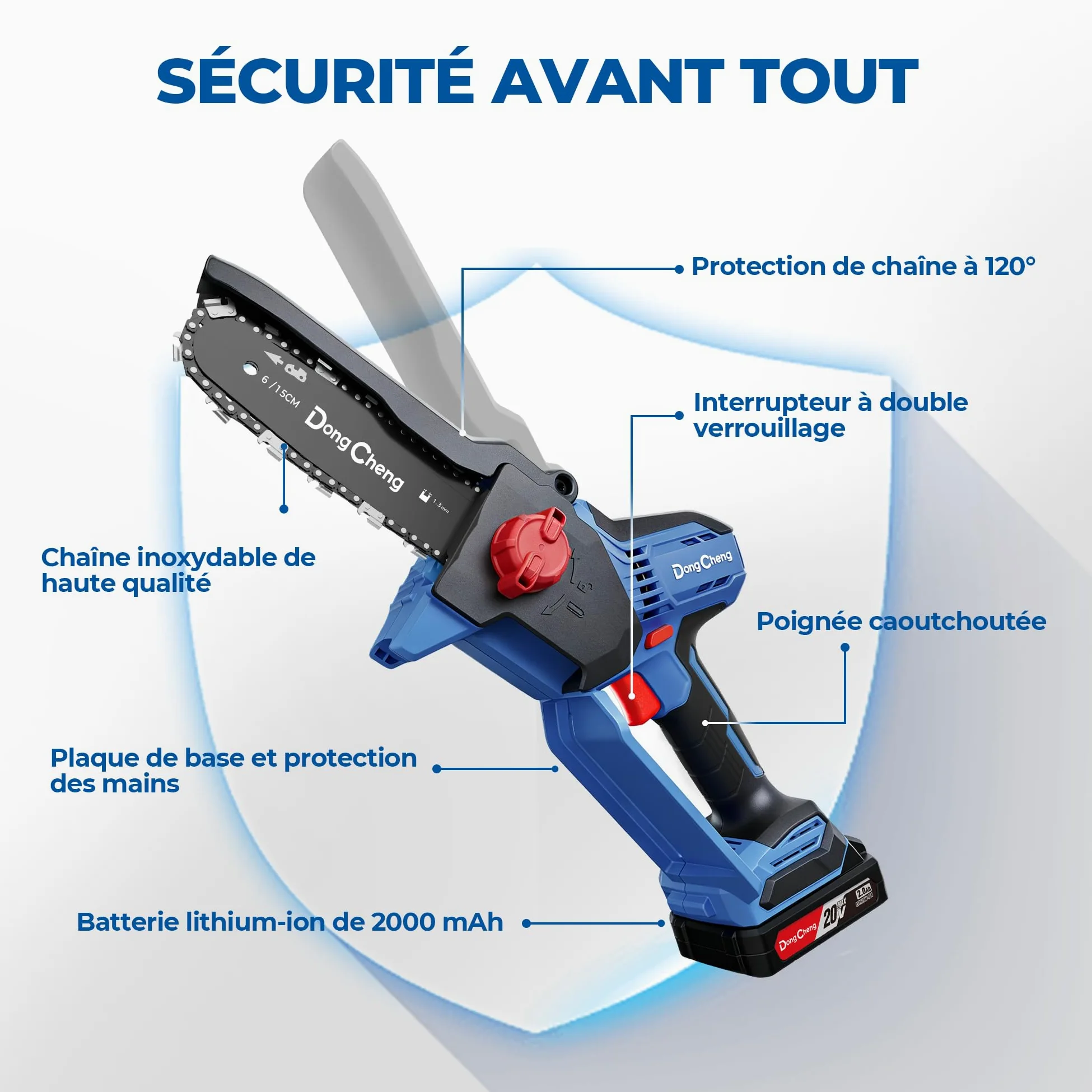 DongCheng mini tronconneuse a batterie 20V, brushless 750W, 2×2000mAh, 8m/s | Jusqu'à 270 coupes dans bois 50×50mm, 1,2kg scie légère à une main, tension de chaîne sans outil, graissage auto, guide 15cm
