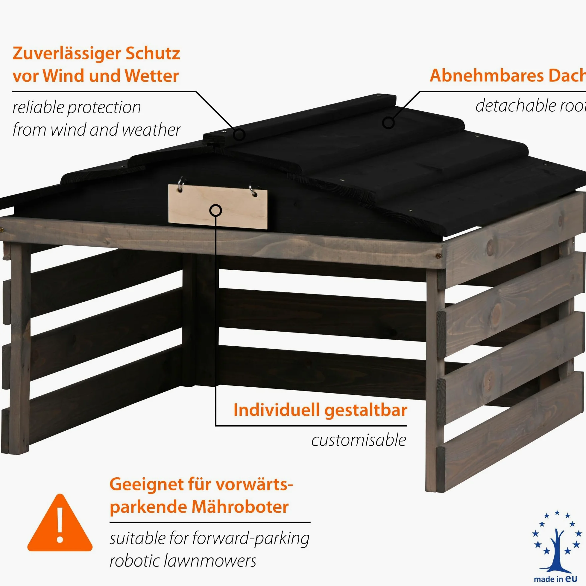 dobar Garage pour Robot Tondeuse en Bois avec Toit Amovible - Abri pour Robot Tondeuse à Gazon avec Panneau Personnalisable - 78,5 x 74 x 52,5 cm - Gris/Noir