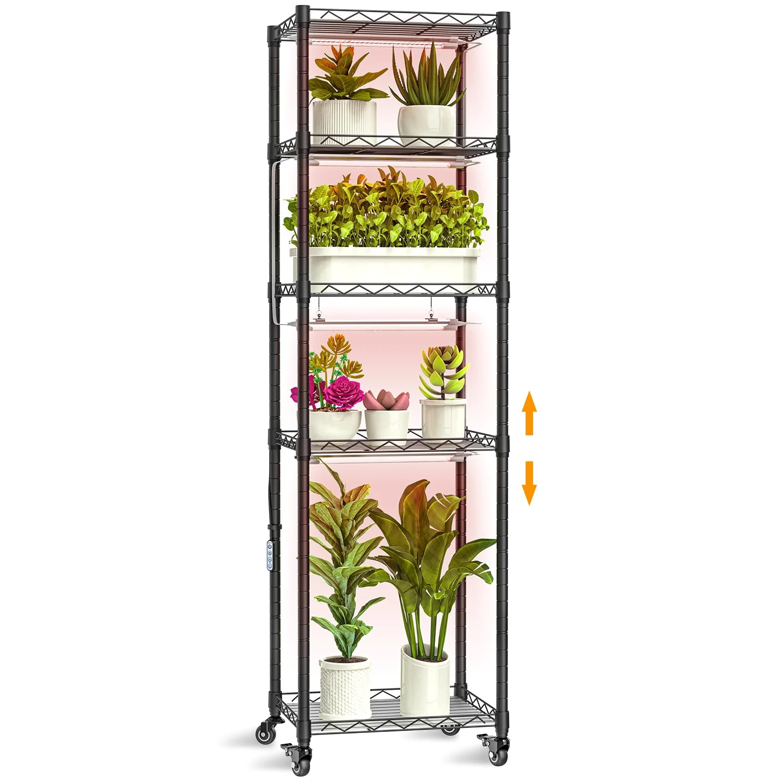 Support pour plantes avec lampes de croissance, étagère en métal à 5 niveaux avec 4 lampes de croissance à spectre complet de 48 W, minuterie automatique, support de pot de fleurs échelle