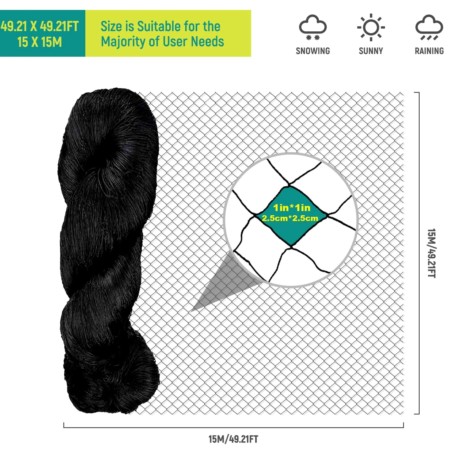 Filet Anti Oiseaux Voliere - Filet Poules de Protection Mailles de 25mm x 25 mm - Polyvalente Filet Anti Pigeon pour Plante (15m x 15m-2.5cm)