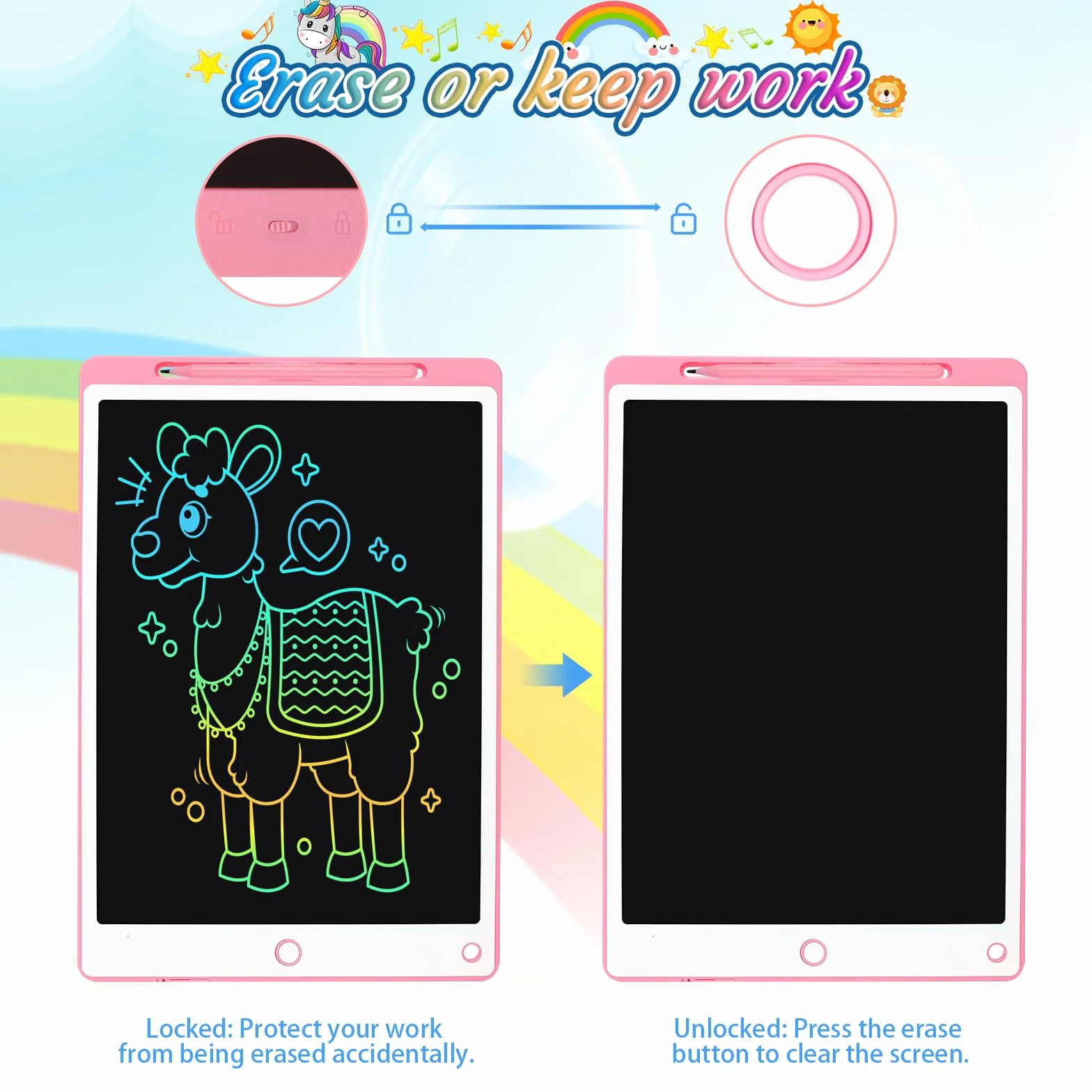 Tablette Dessin Enfant 10.5 Pouces Écriture LCD avec Bouton Suppression Interrupteur Verrouillage Rose
