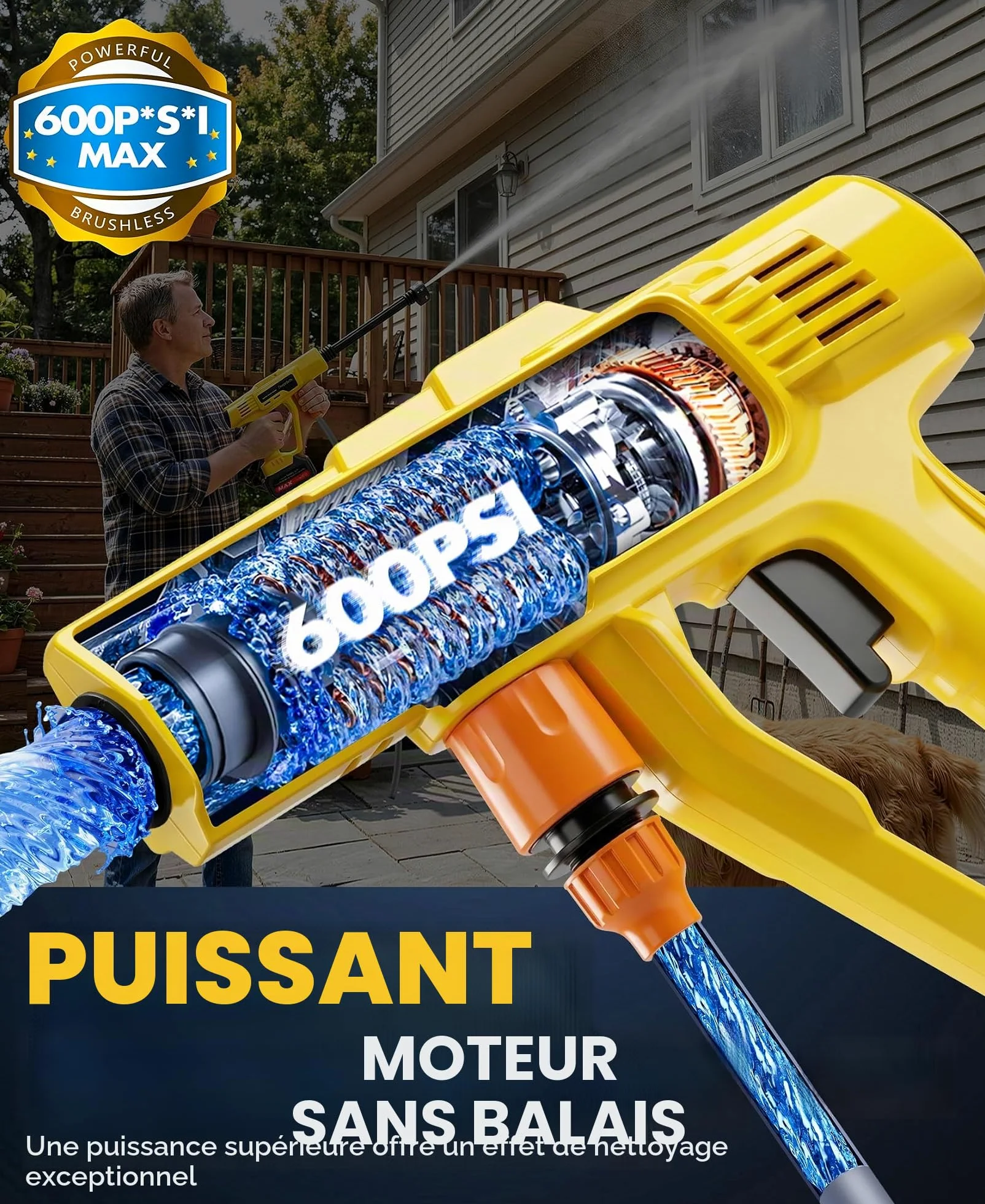 Nettoyeur Haute Pression sans Fil sur Batterie Rechargeable, 600PSI | Nettoyeur Haute Pression avec Buse Réglable 6-en-1, Pistolet Hautes Pressions sans Fil à 3 Vitesses réglables - Jaune