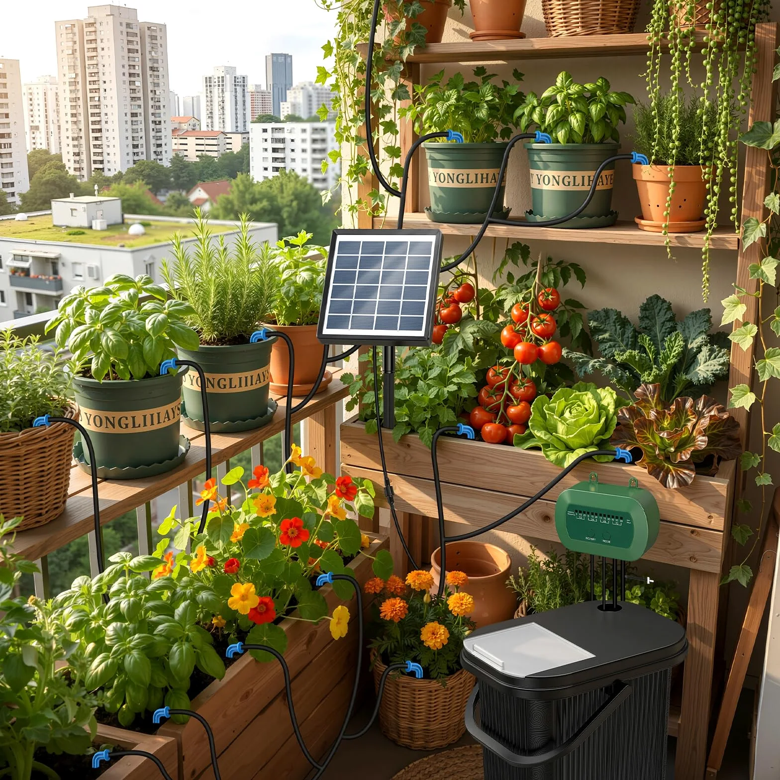 Kit d'Arrosage Automatique Solaire, Système Goutte à Goutte 15m | Avec Tuyau, Seau et 10 Pots de Fleurs, Programmateur Automatique pour Vacances, Balcon et Plantes en Pot