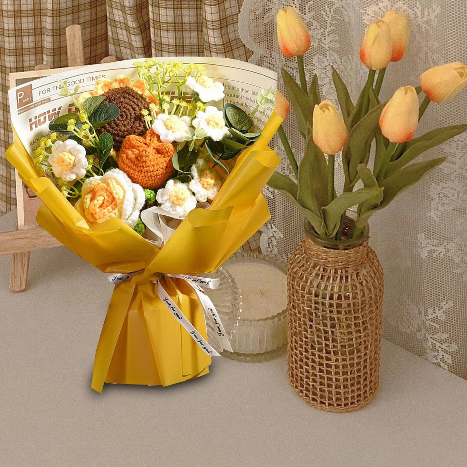 Colcolo Crochet Fleurs Bouquet DIY Décor Maison Tricot Daisy Bouquet Table Centre de Table Décor Journal Jaune