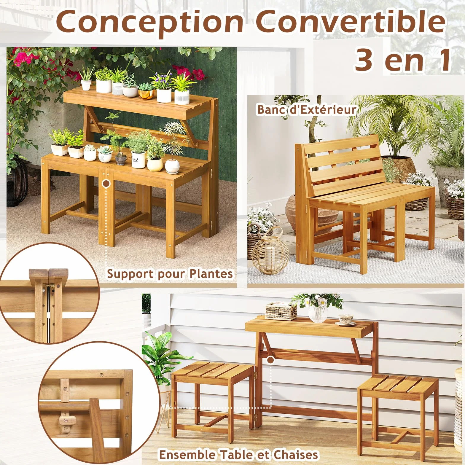 GOPLUS Salon de Jardin Extérieur 3 en 1 Banc Convertible Acacia Pliant 2 Personnes FSC Naturel