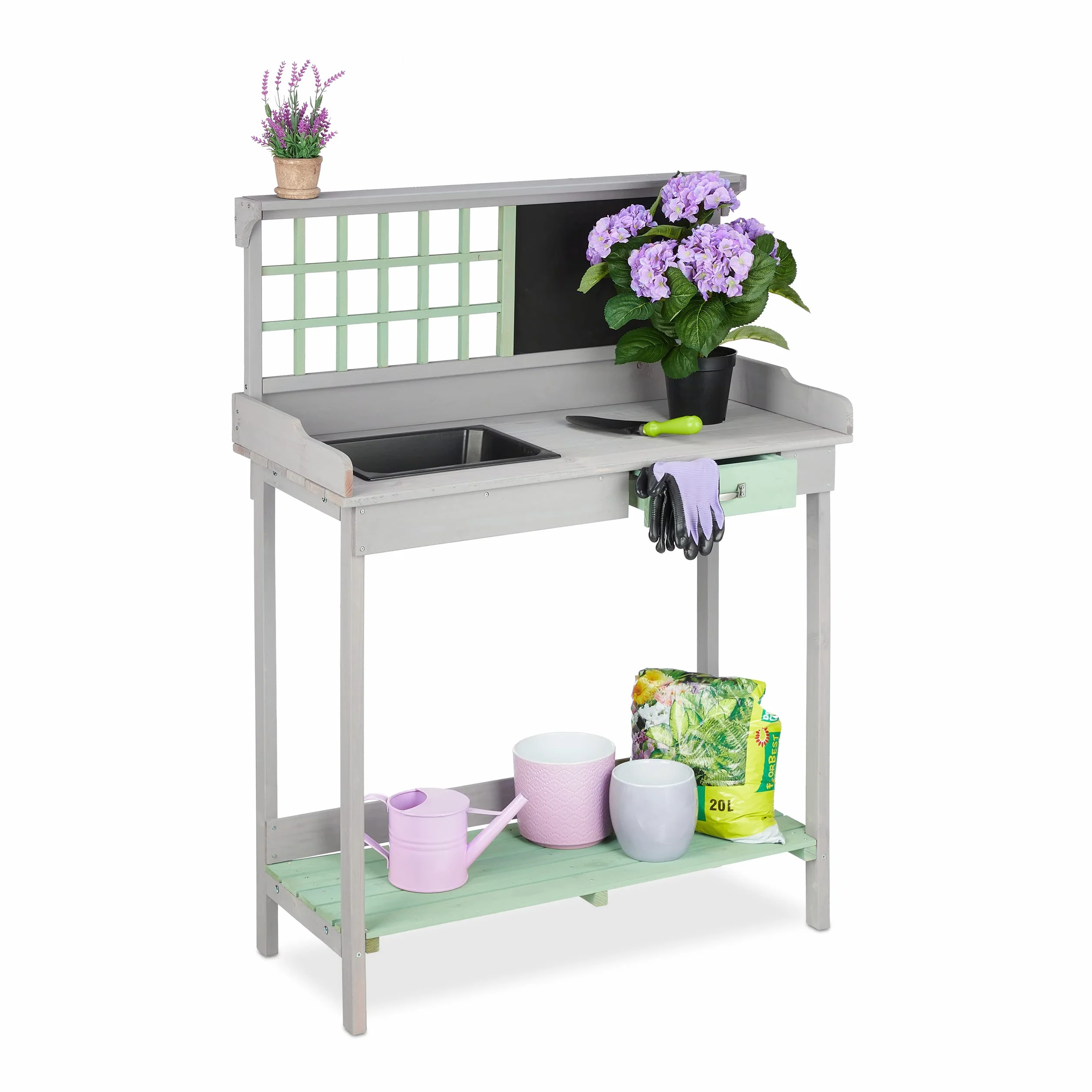 Relaxdays Table pour Plantes avec Bac, 2 Niveaux, en Bois, HlP 121 x 92 x 42.5 cm, Gris-Vert