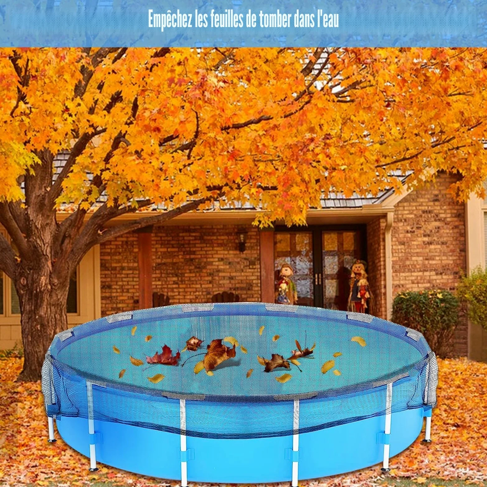 Bâche de piscine ronde 6x6 m, filet pour piscines Ø550 cm, filet à mailles fines (12x12 mm) avec 12 pinces en métal
