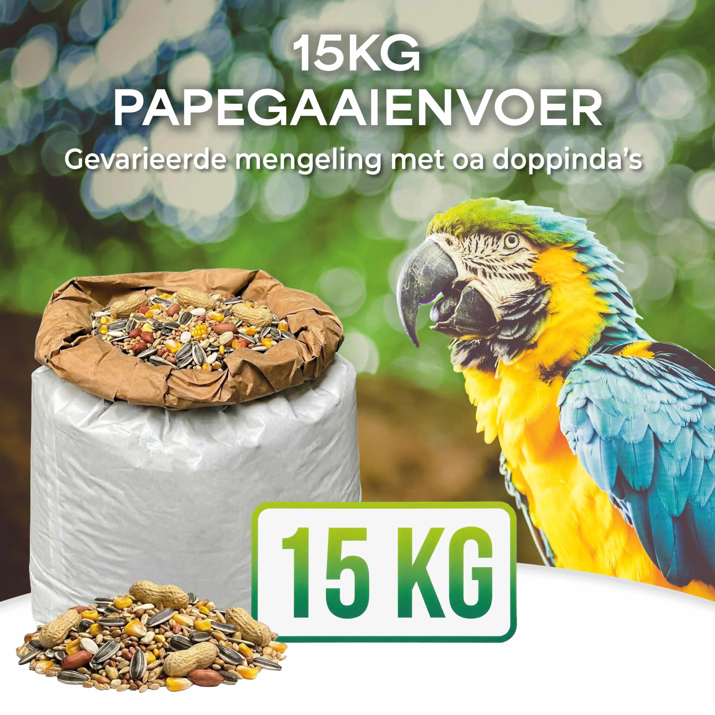 Mélange de graines pour perroquets 15 kg Ara cacatoès amazoniens cacahuètes pépins de soleil 14 ingrédients naturels Emballage économique