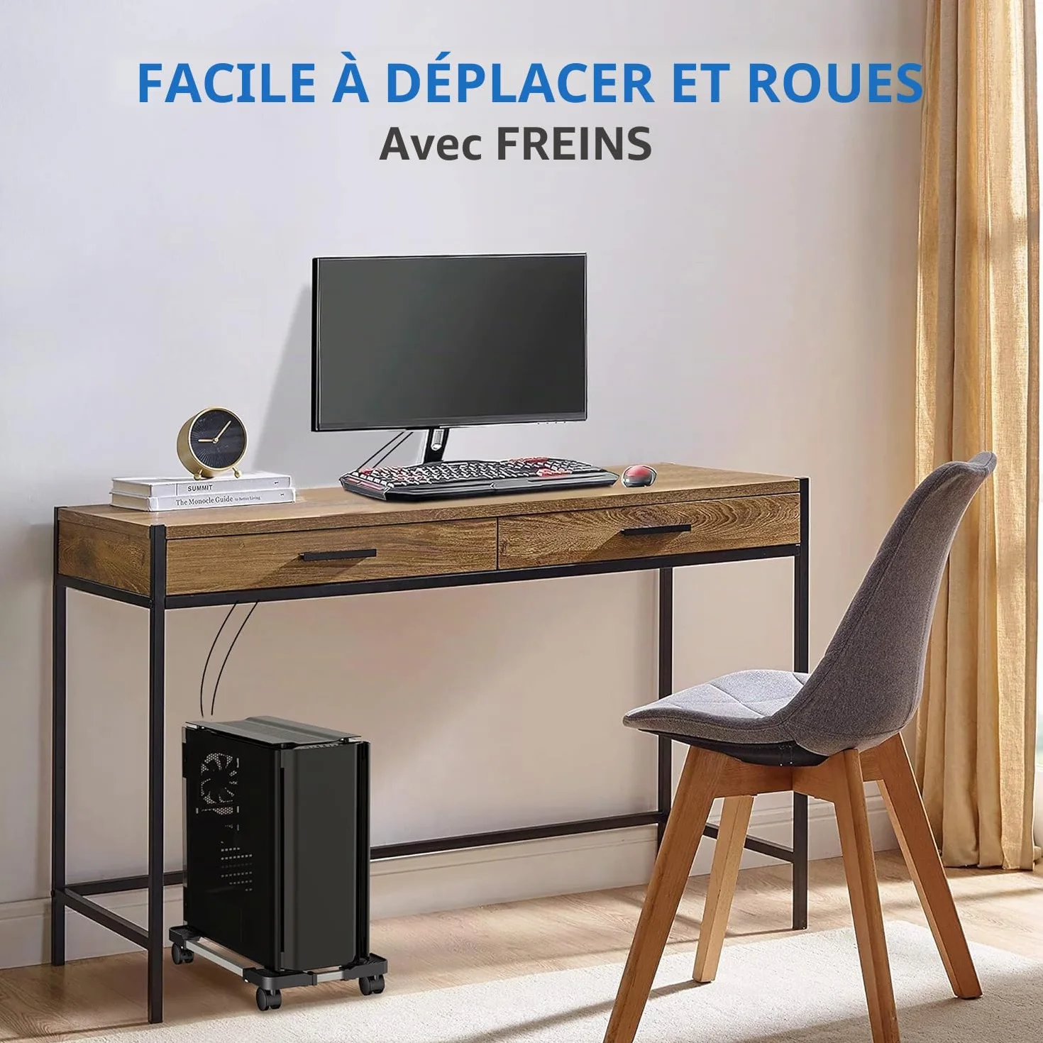 Support PC Fixe Réglable Stand avec 4 Roues Roulettes, 2 Roues Verrouillables Noir