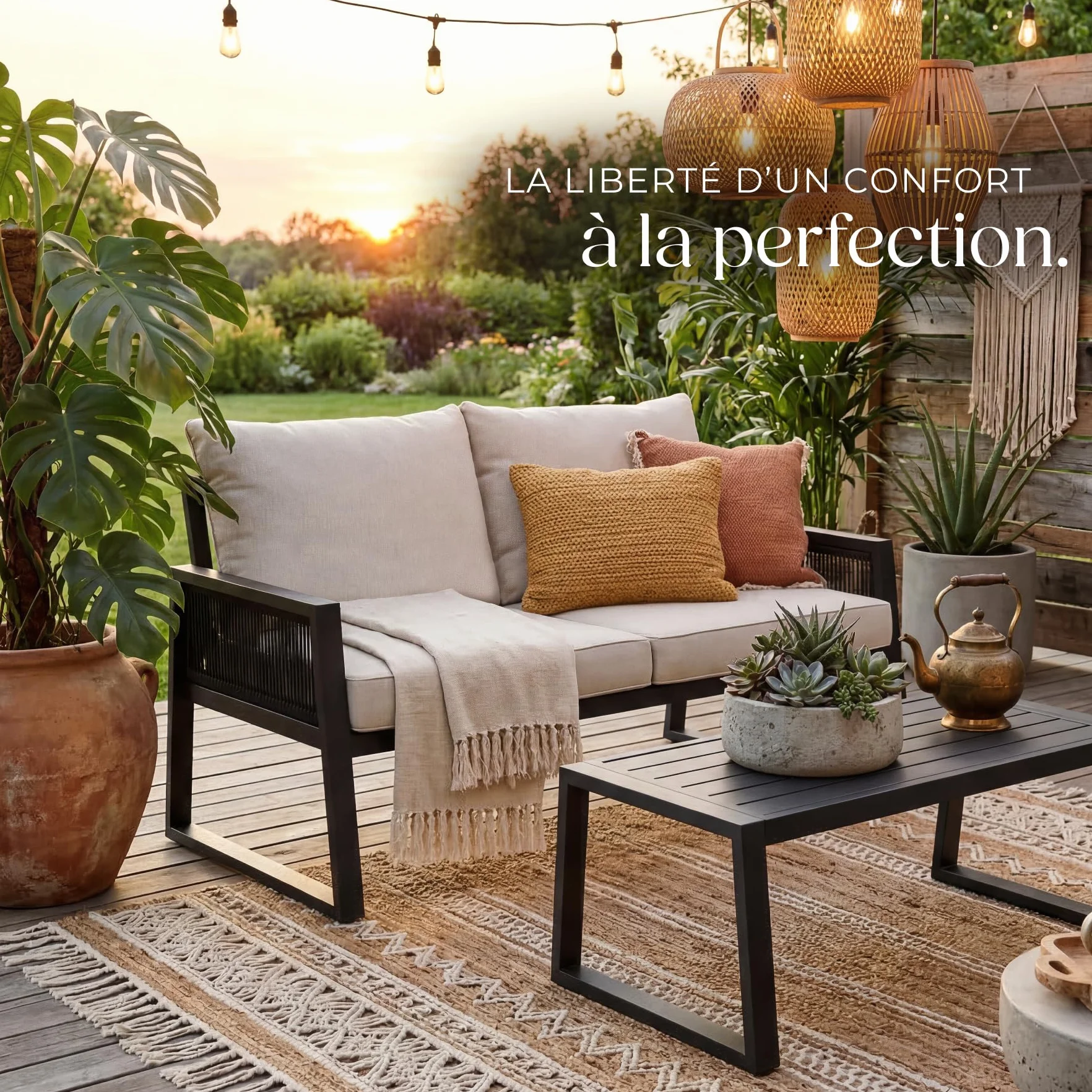 Tectake Salon de Jardin Canapé 2 Places Banquette Table Basse Coussins Inclus Cadre Aluminium laqué époxy Mobilier Exterieur