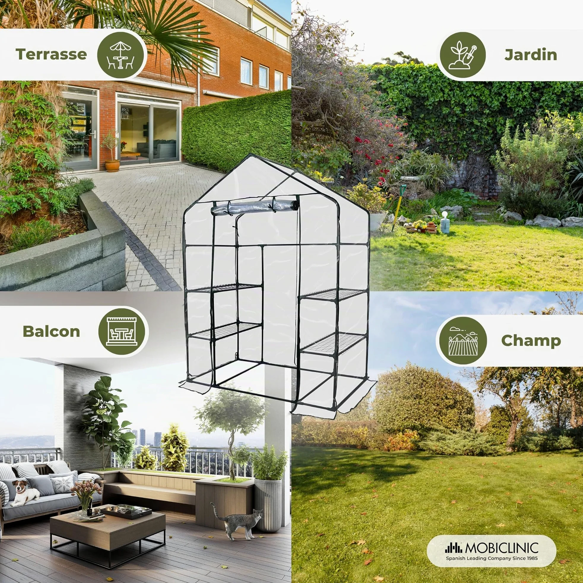 Mobiclinic®, Serre de Jardin, 143 x 73 x 195cm, Couverture en PVC et Porte Enroulable, 4 Étagères, Étanche, Home Grow, Pépinière Maison, Fixation Sécurisée, Idéal pour la Culture, Rustique