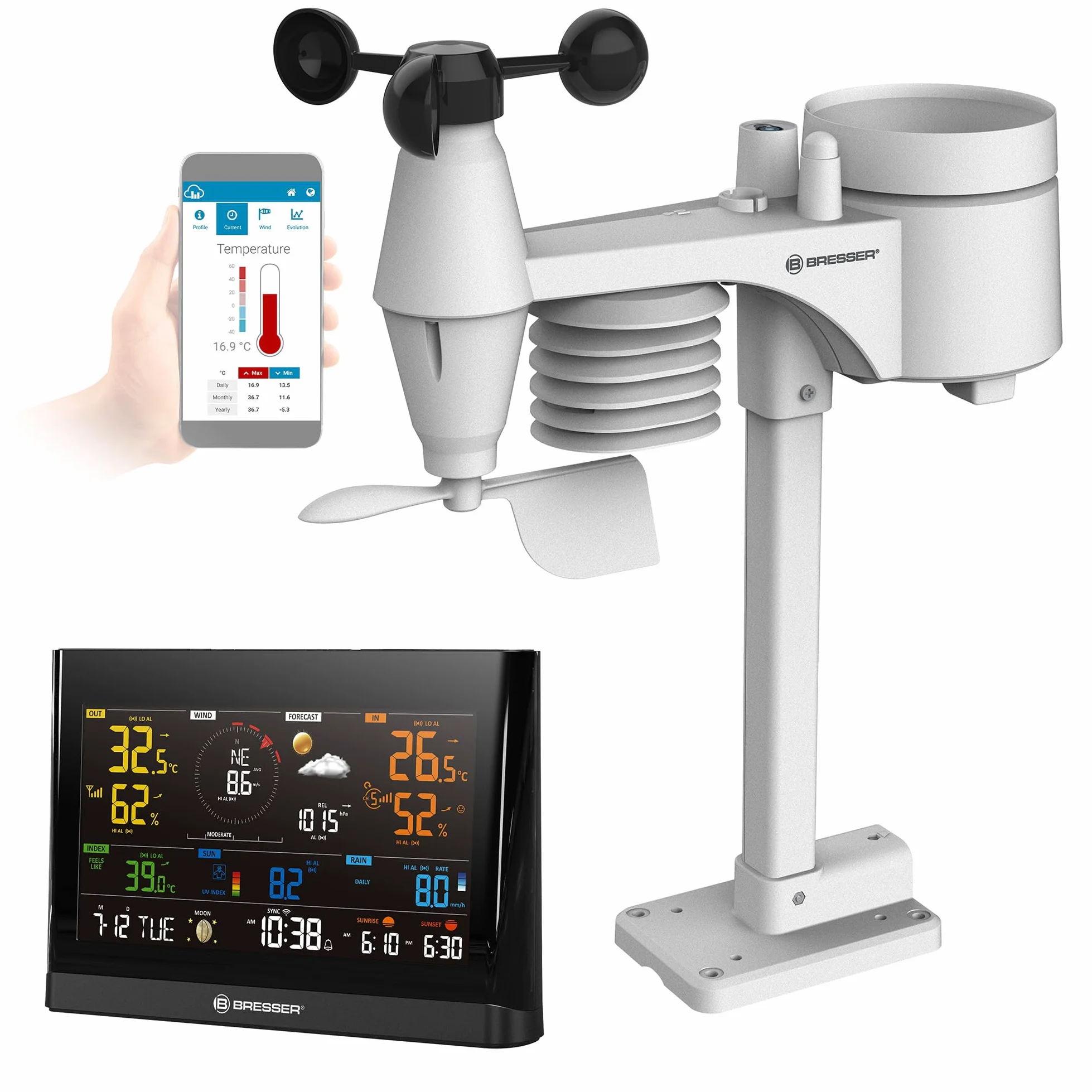 Bresser Station météo Wi-Fi Comfort avec capteur professionnel 7 en 1 et écran couleur moderne Noir | Bresser Comfort Station météo sans fil professionnelle Wifi 7 en 1
