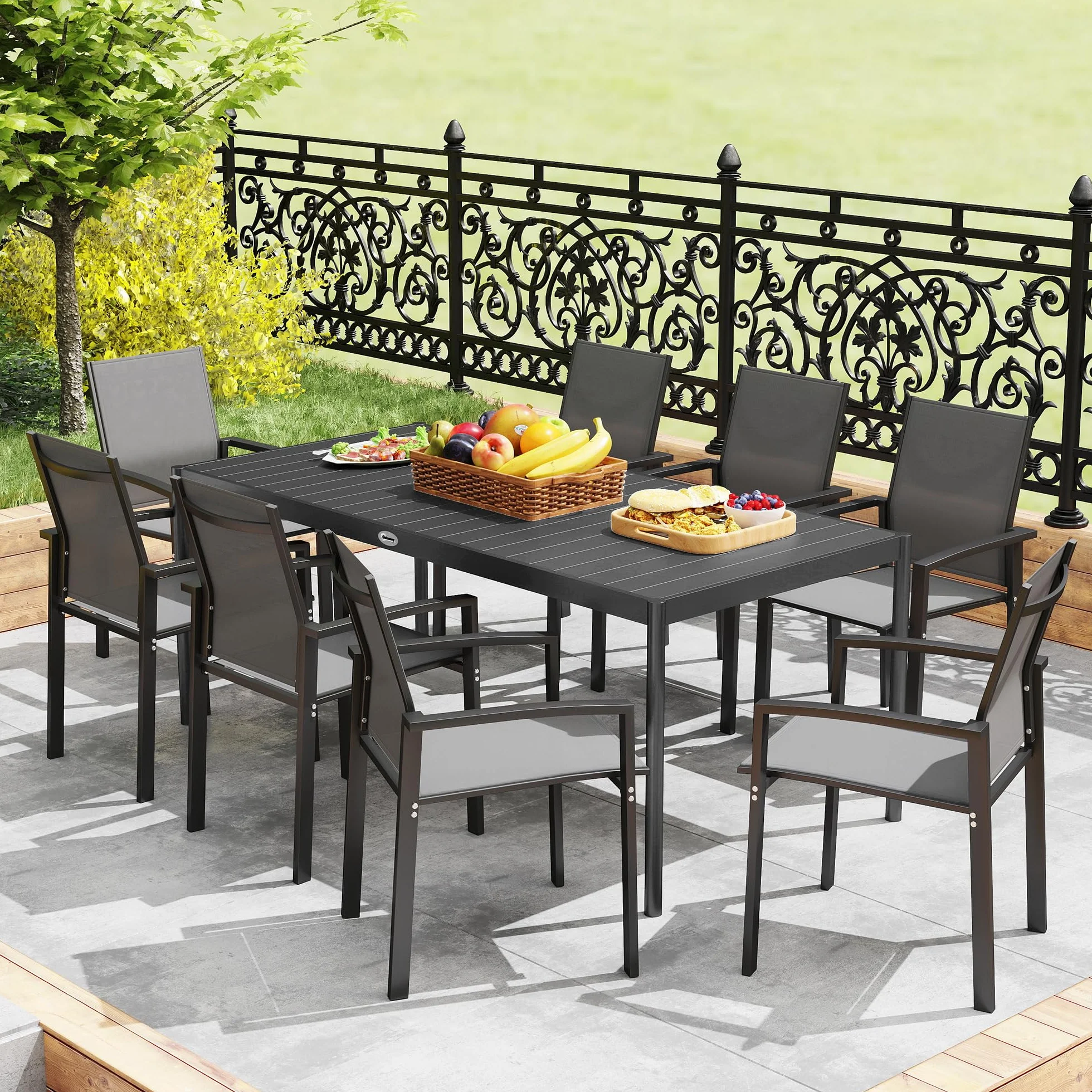 Outsunny Table à Manger de Jardin en Acier pour 8 Personnes, Plateau à Lattes Rectangulaire, Anti-Rouille, Gris Foncé