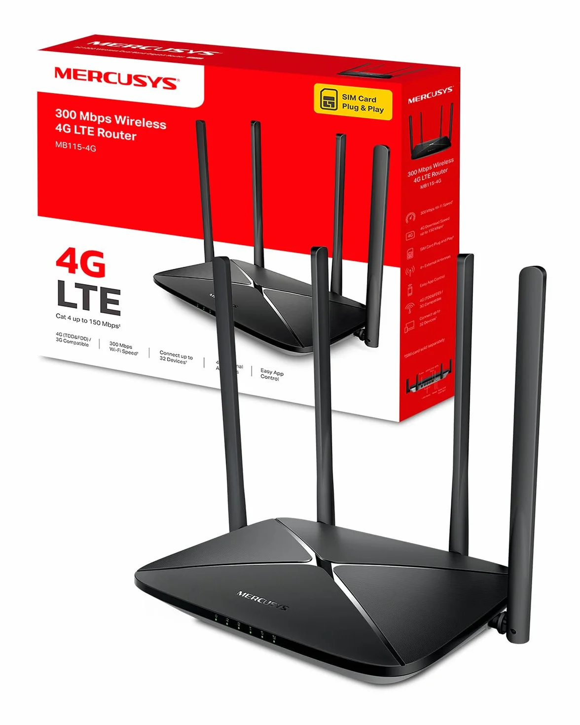 Mercusys MB115-4G Routeur 4G LTE WiFi 300 Mbps 2.4 GHz Carte SIM Nano 4 Antennes
