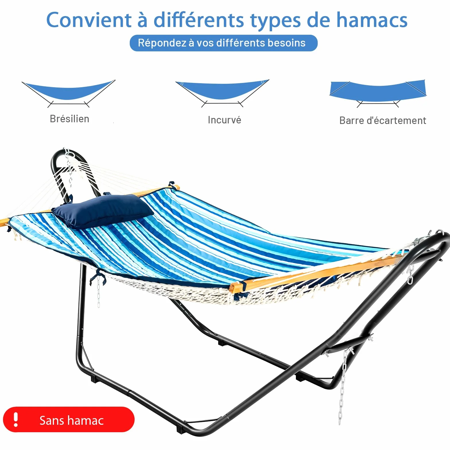 Costway Support de Hamac Double en Métal 200 kg H280x95x115 cm Ajustable Noir pour 2 Personnes