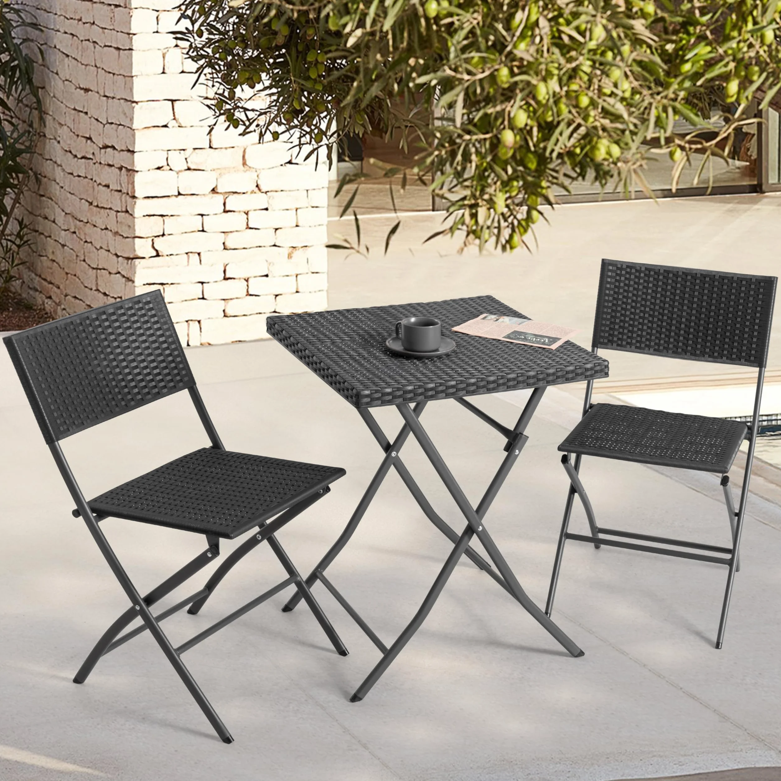 Avestar Ensemble de Bistrot Pliable 3 Pièces Table & 2 Chaises en Rotin PP, Résistant aux Intempéries, Noir