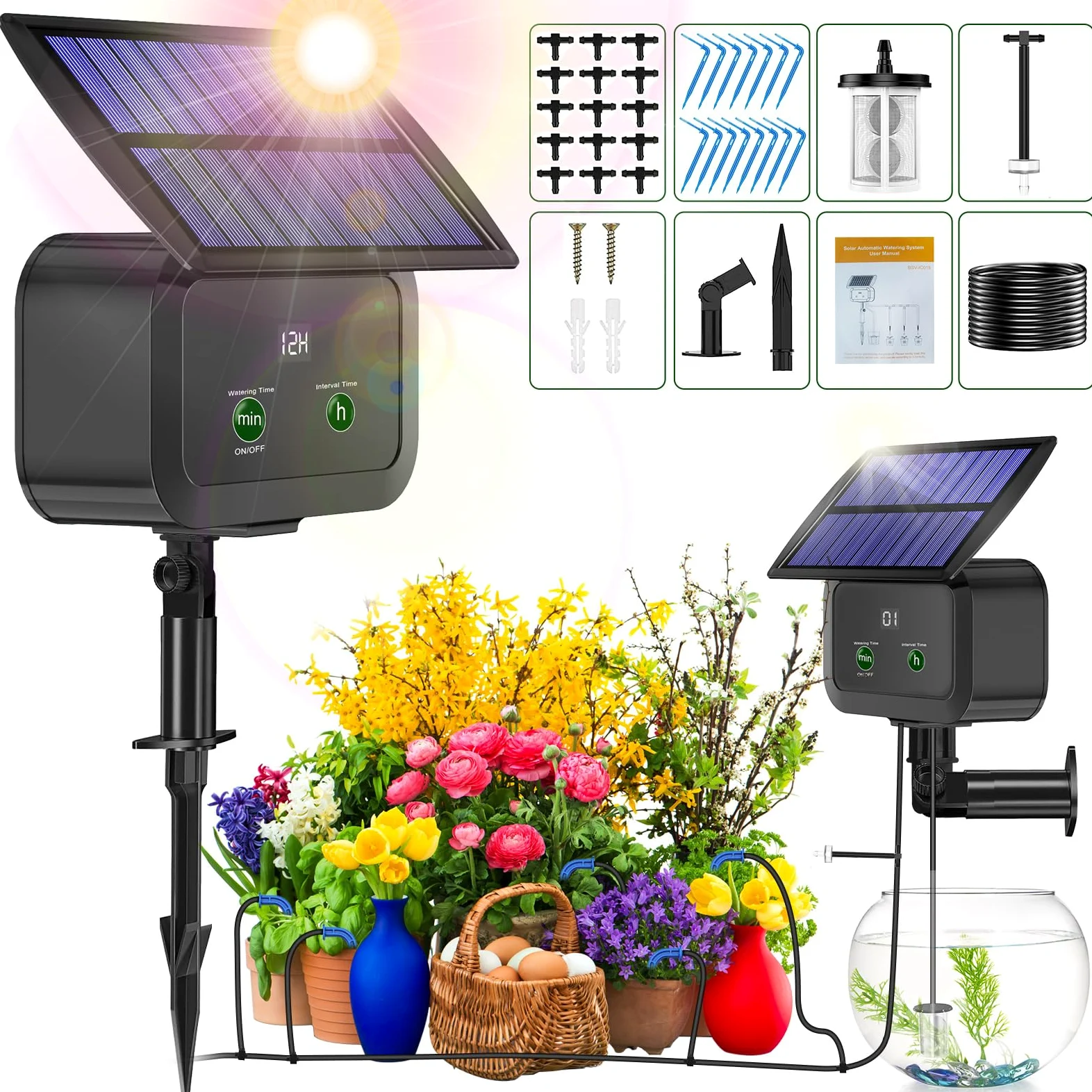 Kit de système d'irrigation goutte à goutte solaire, système d'arrosage automatique avec 30 modes de fonctionnement et 10 intervalles d'arrosage prend en charge 15 plantes en pot, kit d'irrigation
