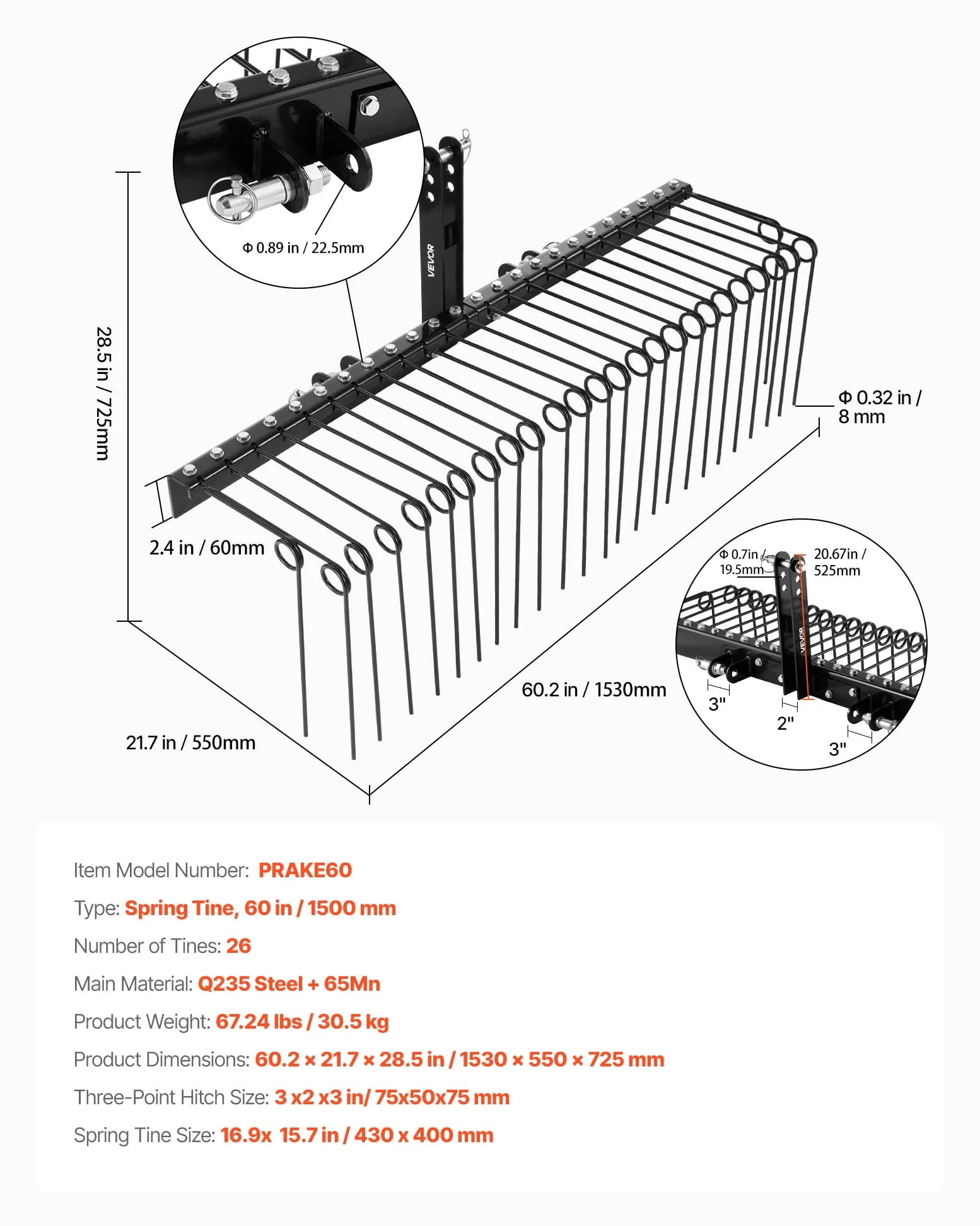VEVOR Râteau Paysager Tracté 153 cm Râteau Déchaumeur Remorquable pour Attelage 3 Points Tracteurs Catégorie 1 Collecte Aiguilles de Pin, Paille, Feuilles, Nettoyage Jardin, 26 Dents Acier à Ressort