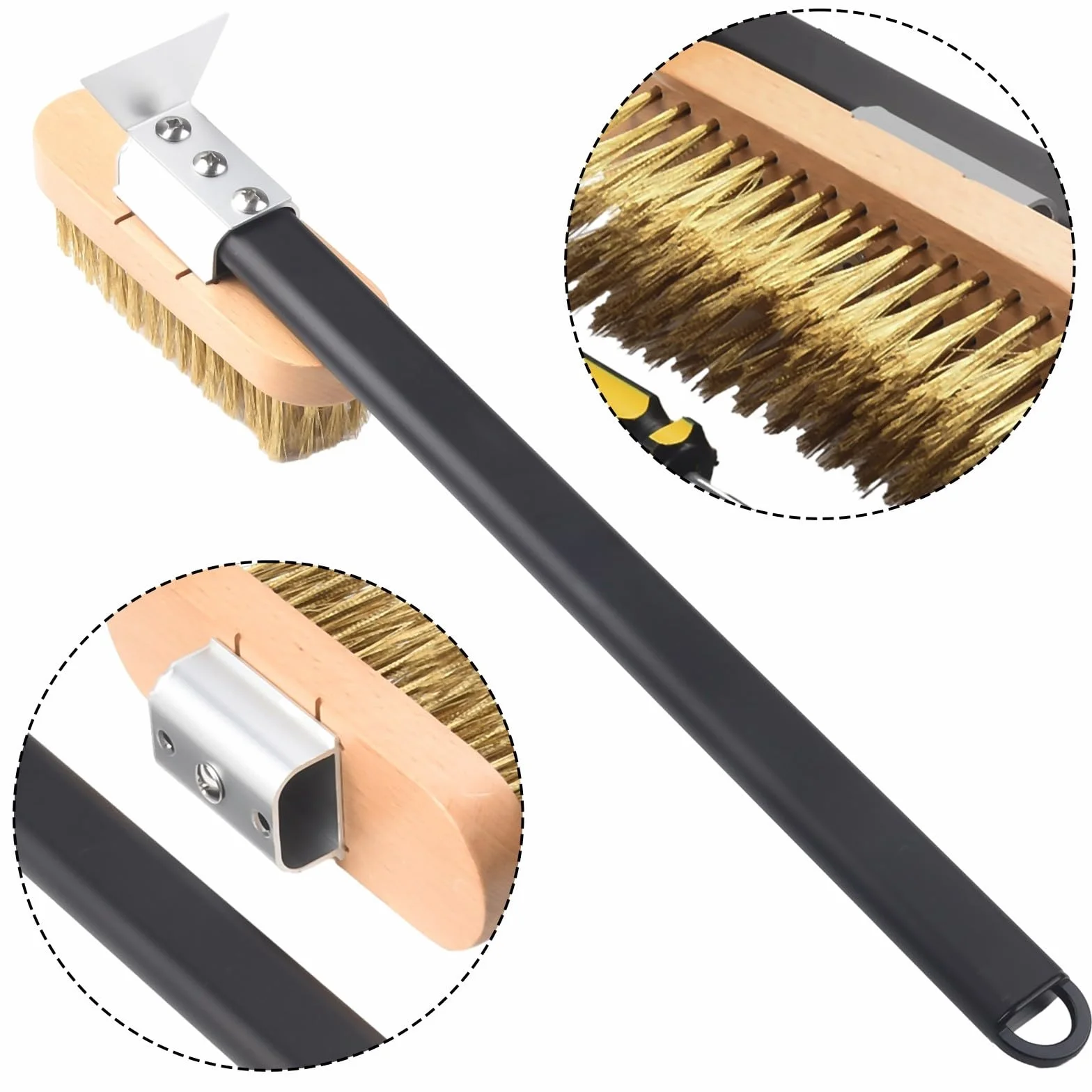 Brosse de four pour pierre à pizza avec racloir, poils en laiton et grattoir en acier inoxydable