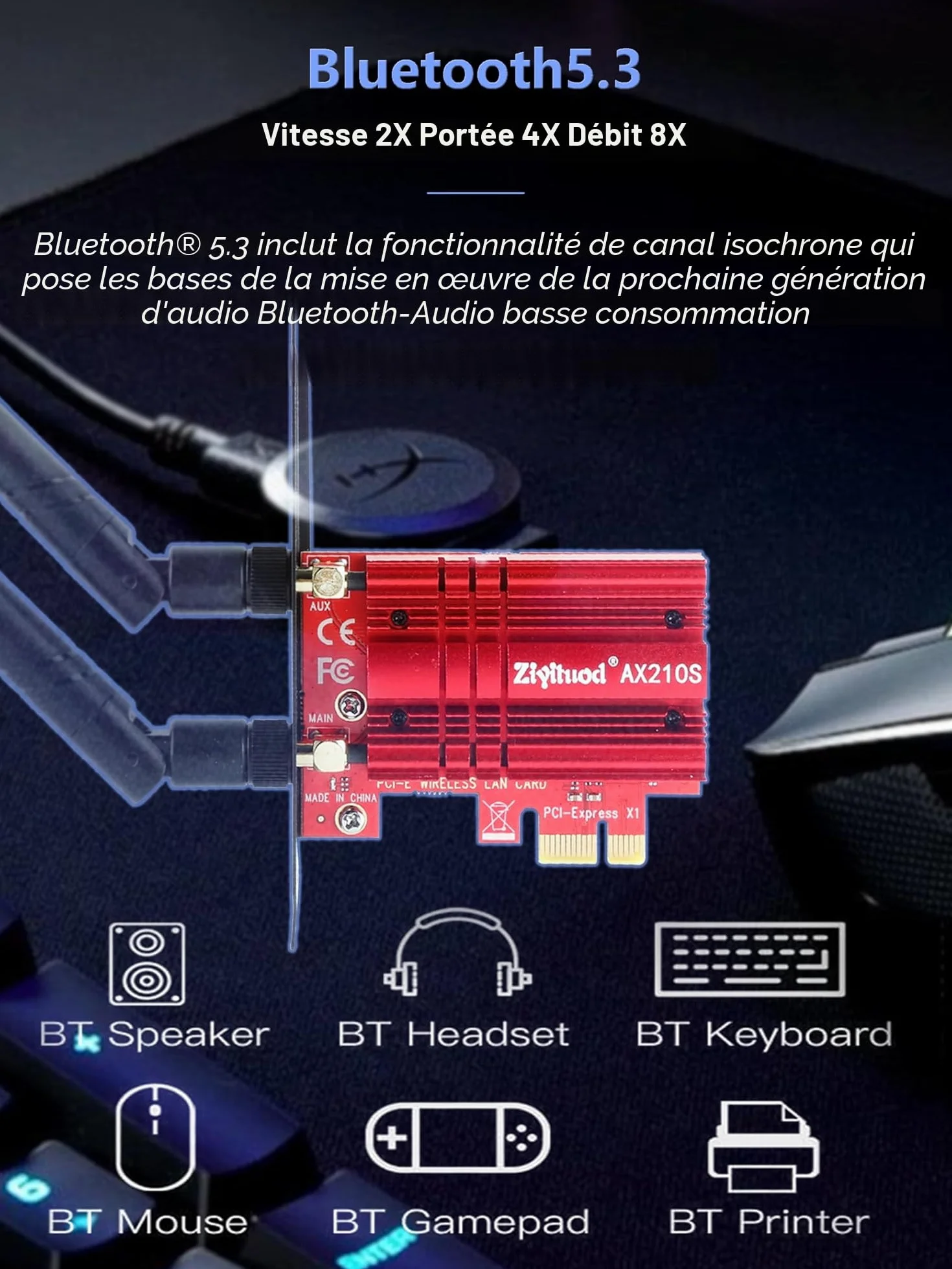 Intel WiFi 6E AX210 Carte WiFi 5400Mbps PCIe Bluetooth 5.3 Tri-Bandes 6GHz/5GHz/2.4GHz pour PC Win 11/10