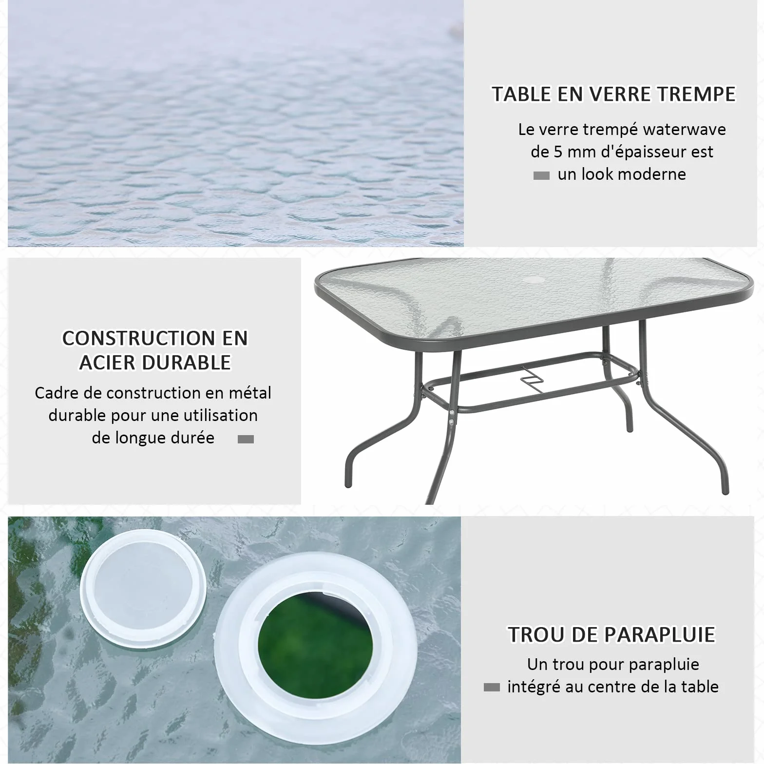 Outsunny Table de Jardin rectangulaire 120x80x70 cm métal époxy Gris Verre trempé