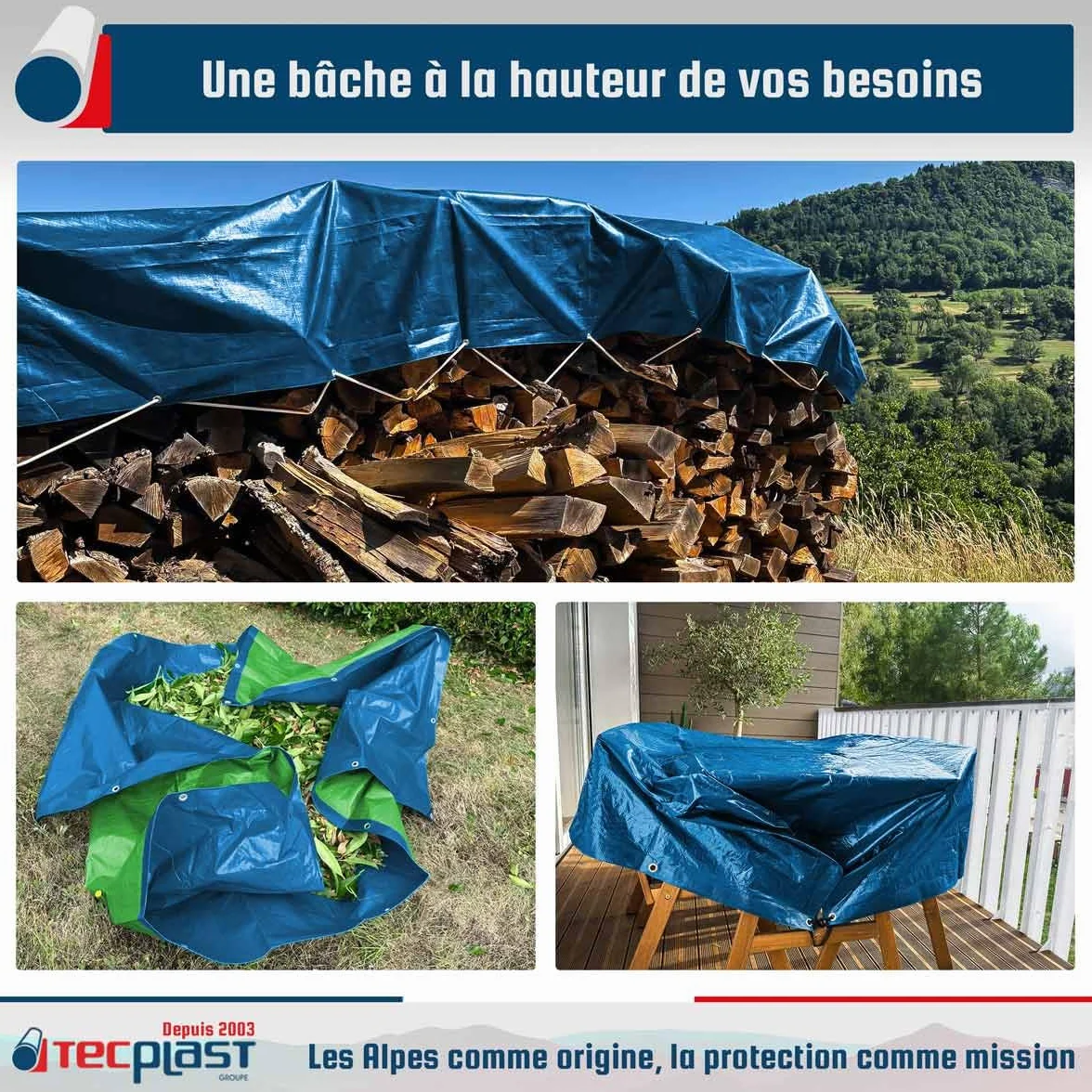 TECPLAST Bâche Bois 8x12 m SR150BO Bleue et Verte - Haute Qualité - Bâche de Protection imperméable pour Bois de Chauffage