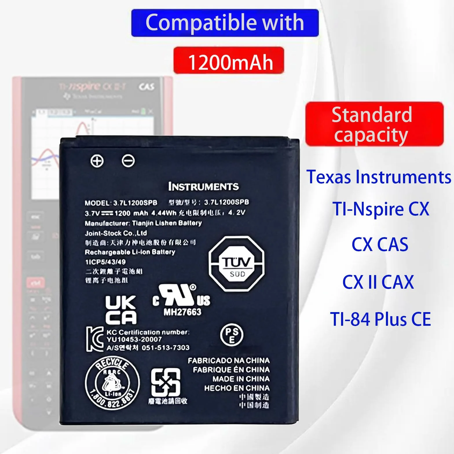 Batterie de Rechange 3,7L1200SPB Compatible Texas Instruments TI-Nspire CX CX Cas