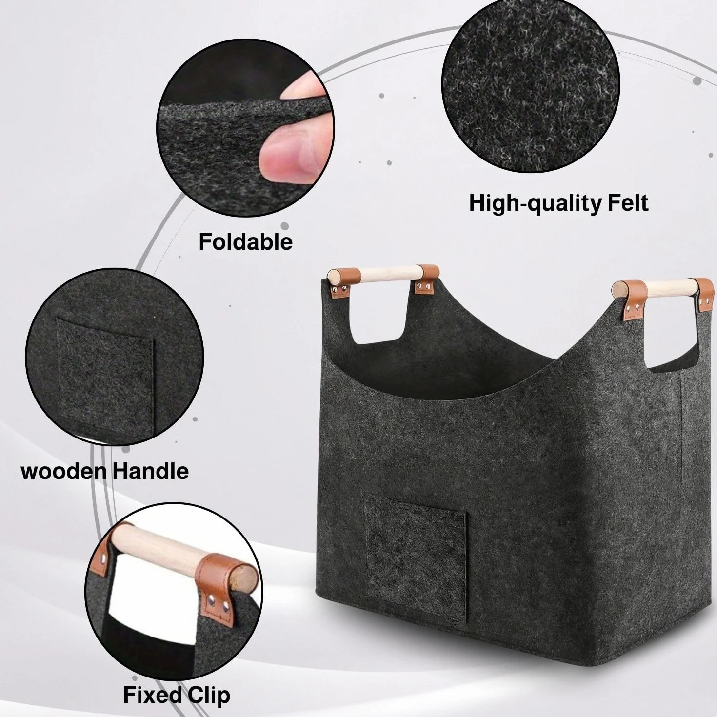 Panier à Bois en Feutre Pliable Gris Foncé avec Poche, Grand pour Intérieur Journaux et Jouets
