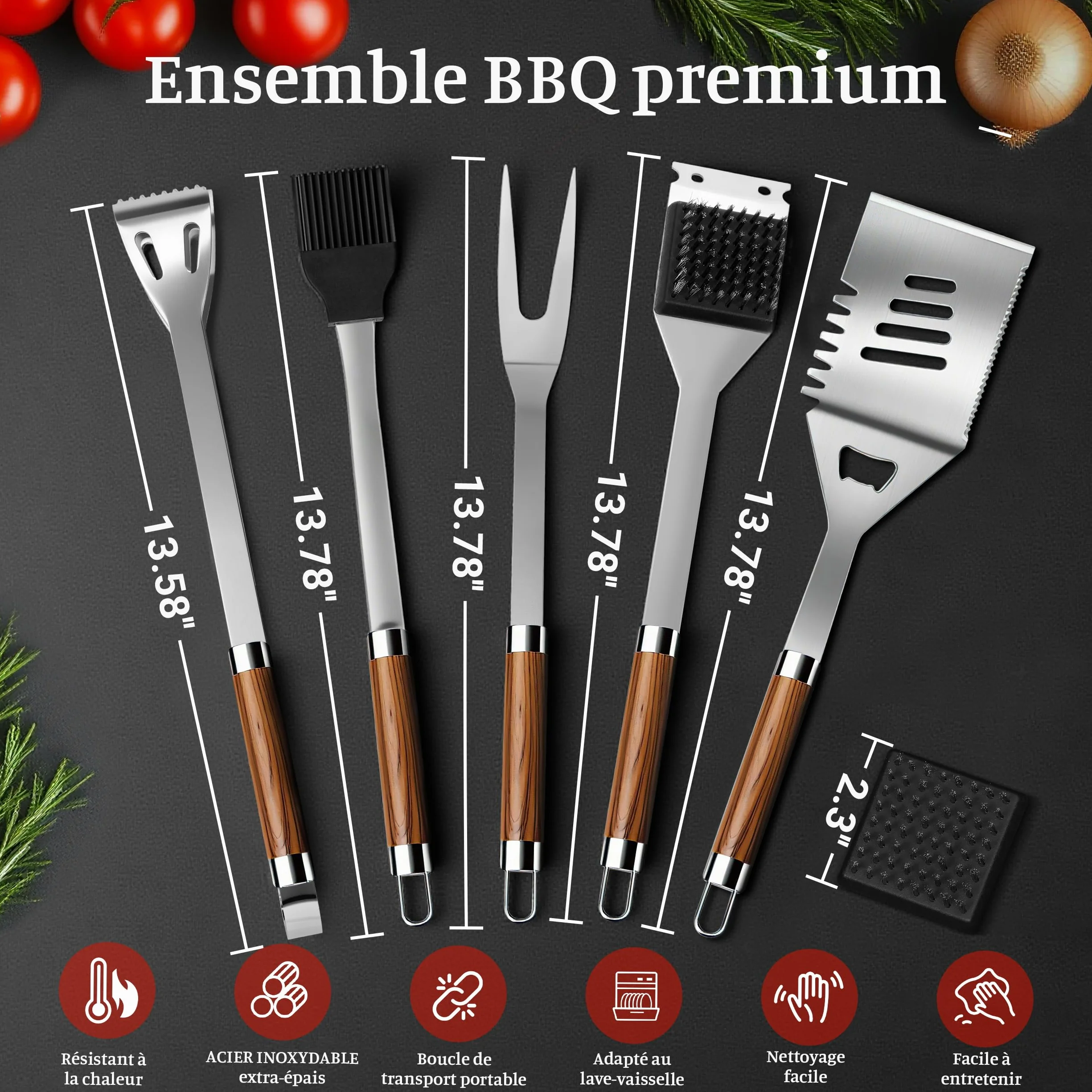 Kit Barbecue Complet 7 Pièces Acier Inoxydable avec Sac de Rangement