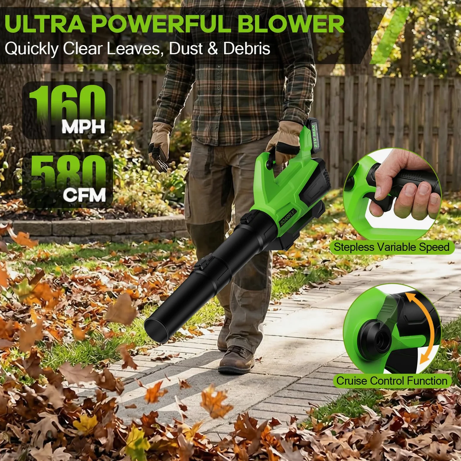SOARFLY Souffleur de Feuilles sans Fil avec 2×4,0Ah Batterie et Chargeur, Moteur 21V 19 000 TR/Min, 257 km/h / 985 m³/h, Vitesse réglable, léger pour Jardin, terrasse et allée