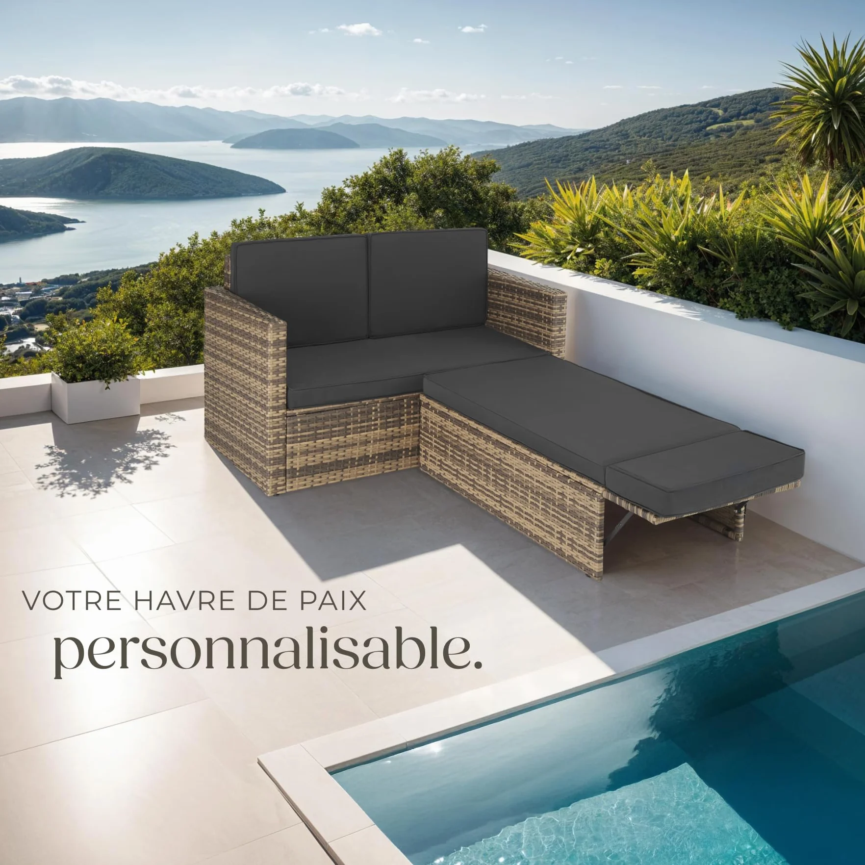 Tectake Salon de Jardin Poly Rotin Modulable Bain de Soleil 2 Places 1 Canapé 1 Tabouret Pouf Repose-pieds Inclinable