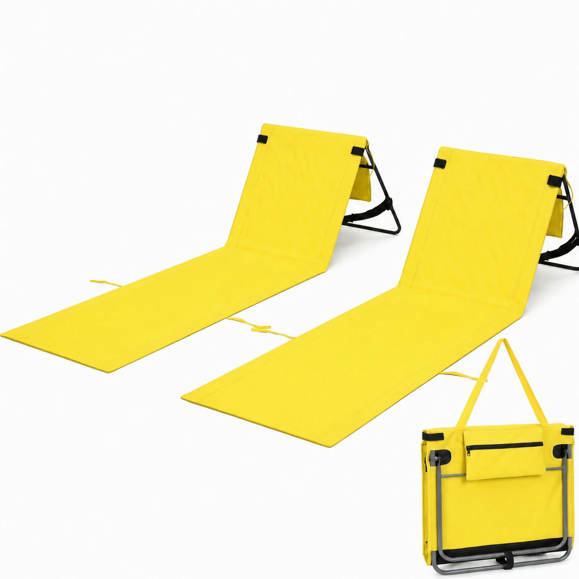 Drift Savage Lot de 2 chaises longues de plage pliables (Jaune soleil) | Matelas de plage légers et rembourrés avec dossier réglable, bandoulière et poche, pour camping, piscine et voyage