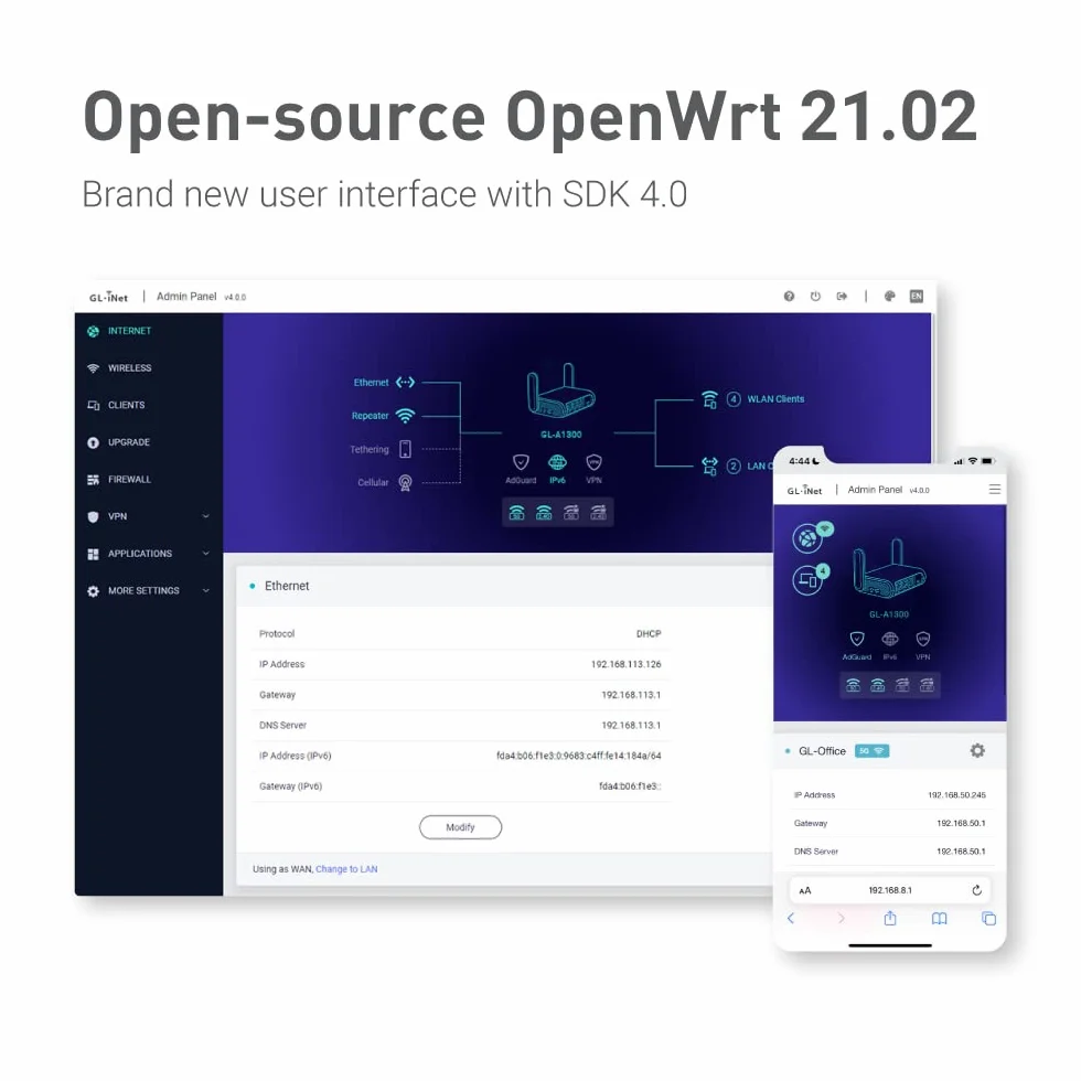 GL.iNet GL-A1300 Slate Plus Routeur de Voyage VPN sans Fil Wi-Fi Portail Captif Hôtel Connexion Téléphonique Prolongateur Point d'Évaluation Format Poche Open Source NAS