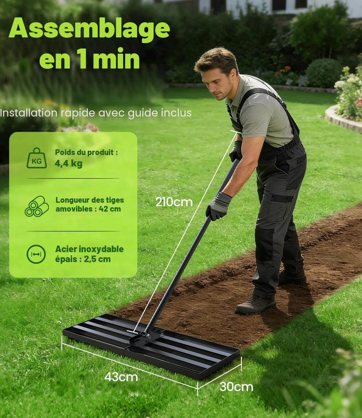Râteau de Nivellement de Pelouse Jardin Aménagement, 2100x 430x 300 mm Râteau Niveleur Inoxydable avec Poignée de 2 m de Long, Robuste Nivellement Rateau Les Cour arrière et Les Terrain de Golf